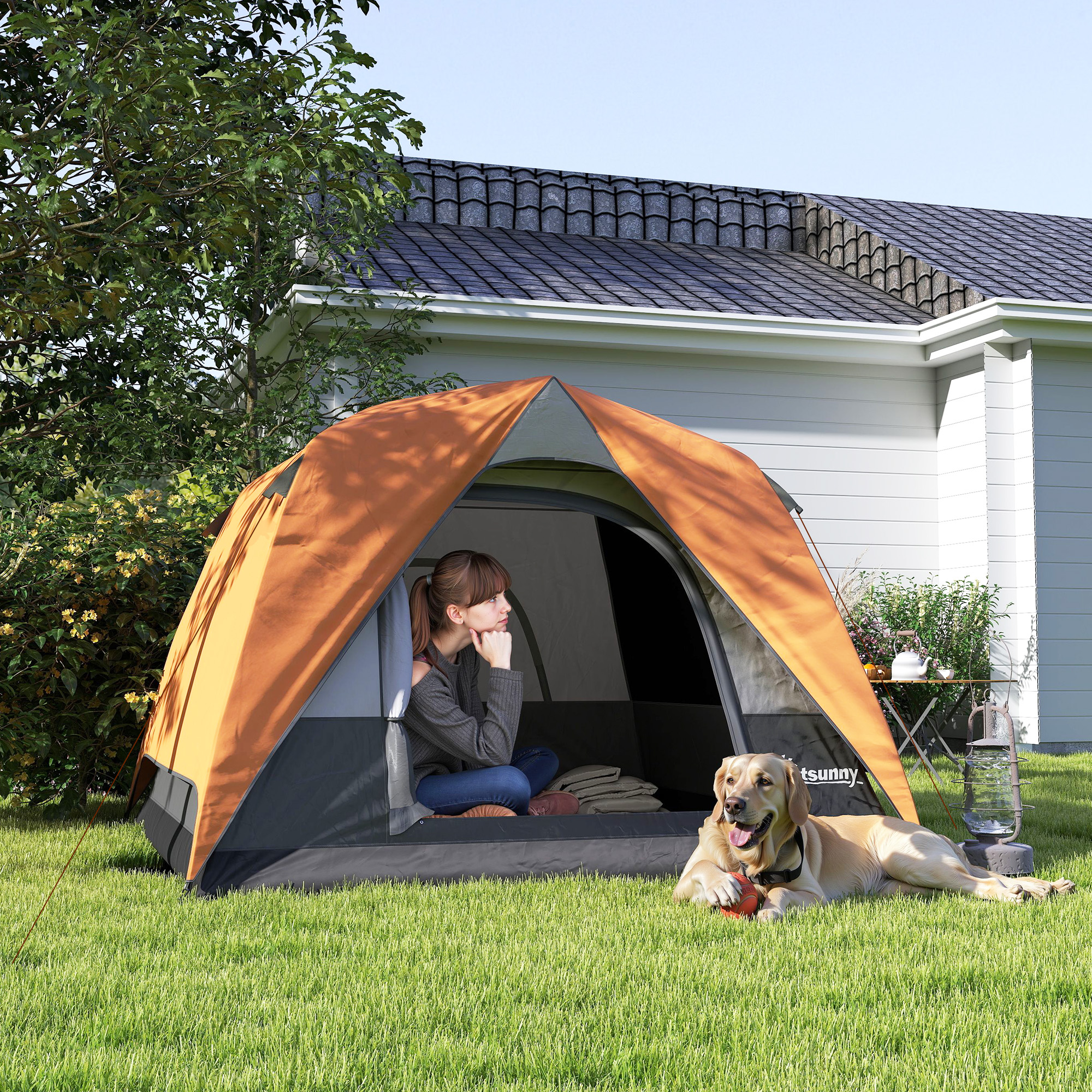 Outsunny Campingzelt für 3 Personen Wasserdicht mit Tasche, Deckenhaken für Laterne und Tragetasche, 2x2x1.35m, Orange