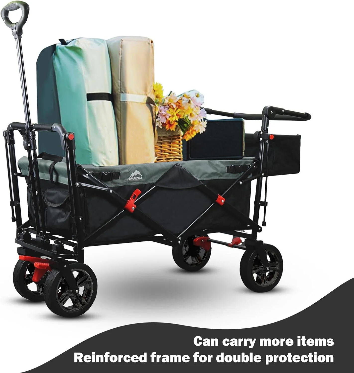 Foldable caravan, detachable canopy, safety belt, reversible handle, detachable canopy, with a carrying capacity of 220 pounds, suitable for children over 1 year old. A foldable baby carriage for family outings, capable of carrying goods.