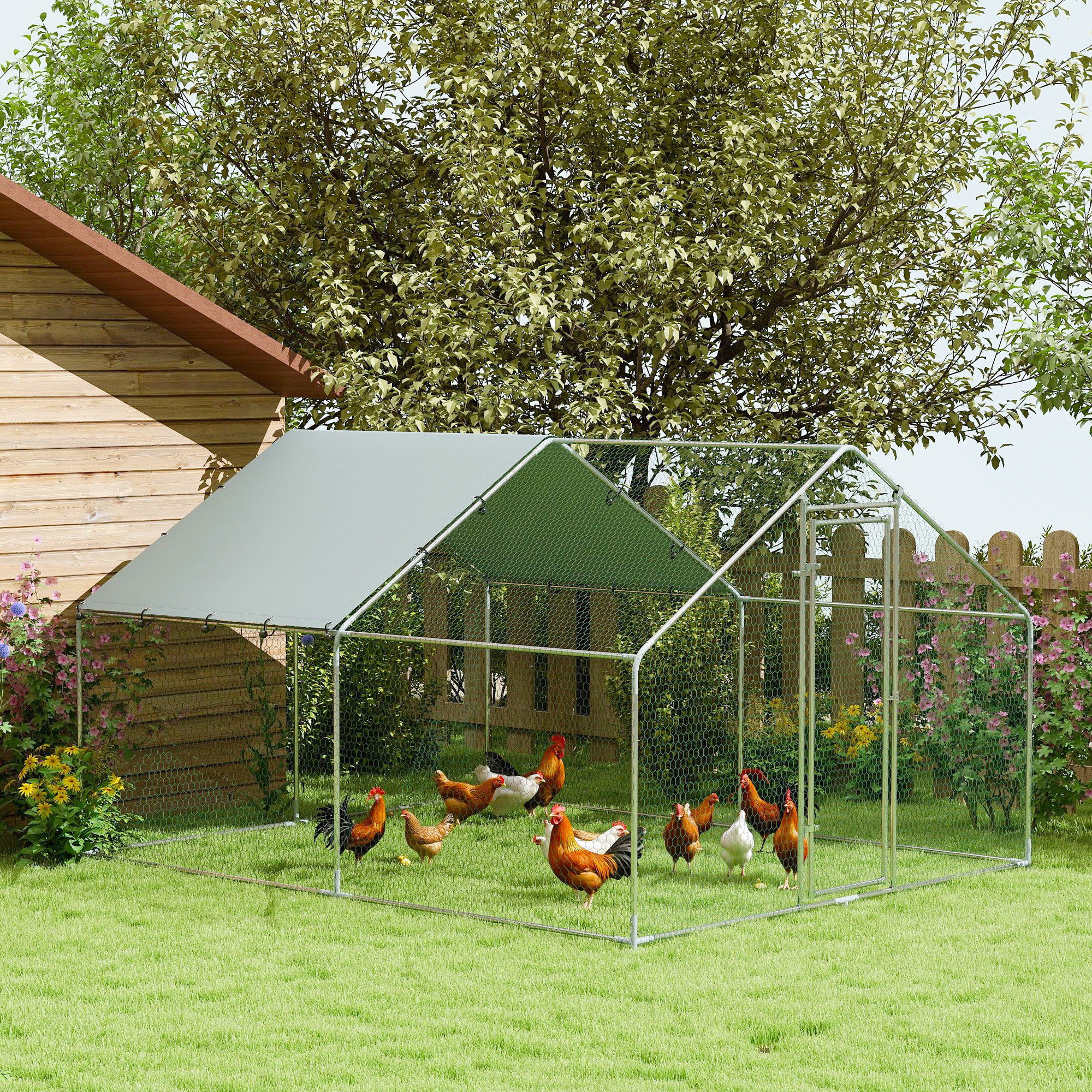PawHut Hühnergehege, großes Hühnergehege aus Metall mit wasserdichter und UV-beständiger Abdeckung, Käfig für 10-15 Hühner, 3 x 3,4 x 1,9 m