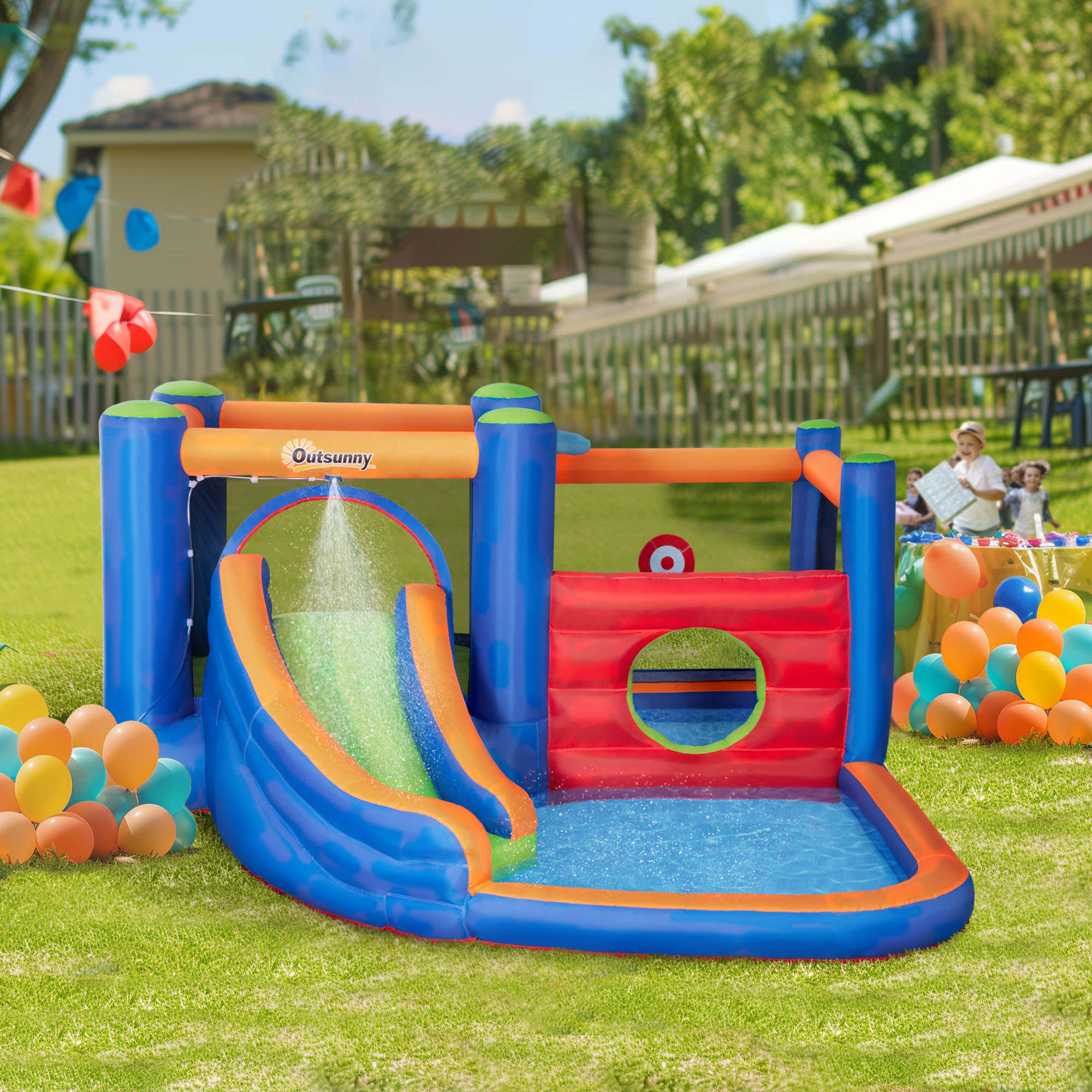 Outsunny Hüpfburg, mit Rusche, Hüpfbereich, Pool, aufblasbar, inkl. Elektropumpe, für bis 3 Kinder, 380 x 340 x 170 cm