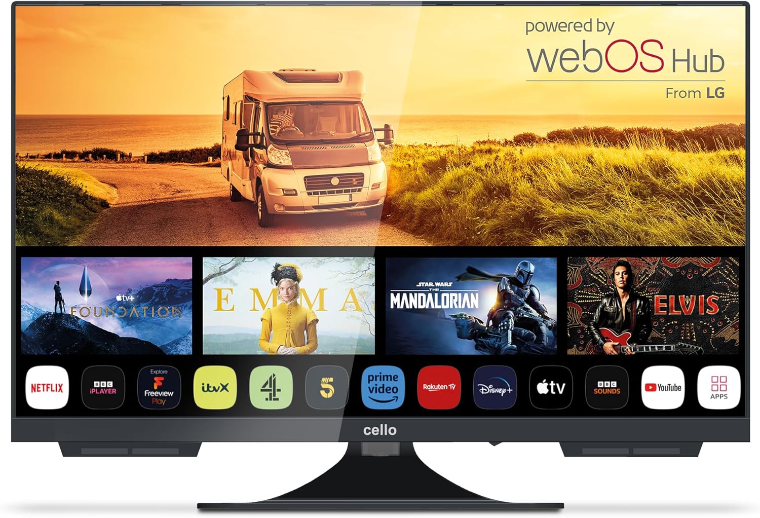 Cello C2224WS 12 Volt 22 pollici Traveller Smart TV senza cornice Ultrafast WebOS, altoparlante Pitch Perfect Bluetooth, Netflix, piccola TV per camper e camion