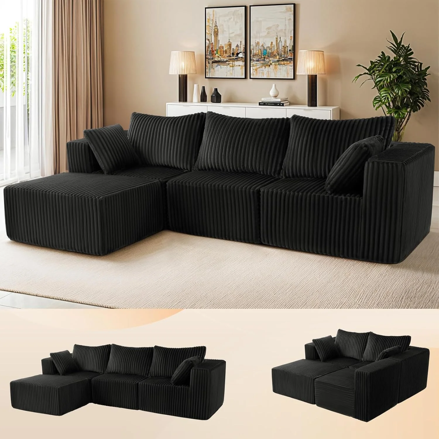 U Shaped Modular Sectional Sofa Cloud Plush Corduroy Beige