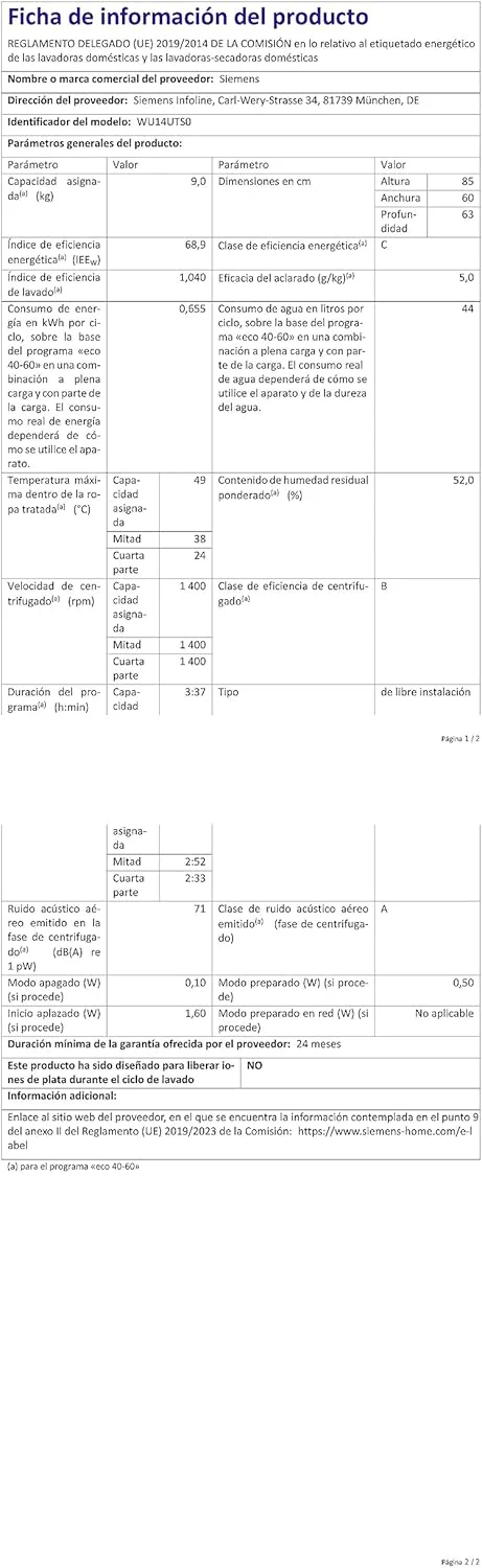 Siemens WU14UTS0 iQ500 onderbouw wasmachine, 9kg, 1400 tpm, Outdoor-impregneerprogramma, varioSpeed functie, bijvulfunctie