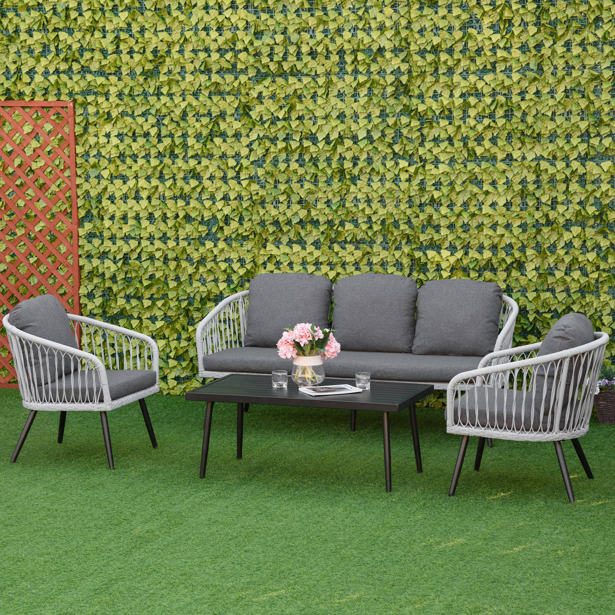 4-delige poly rotan tuinmeubelset grijs