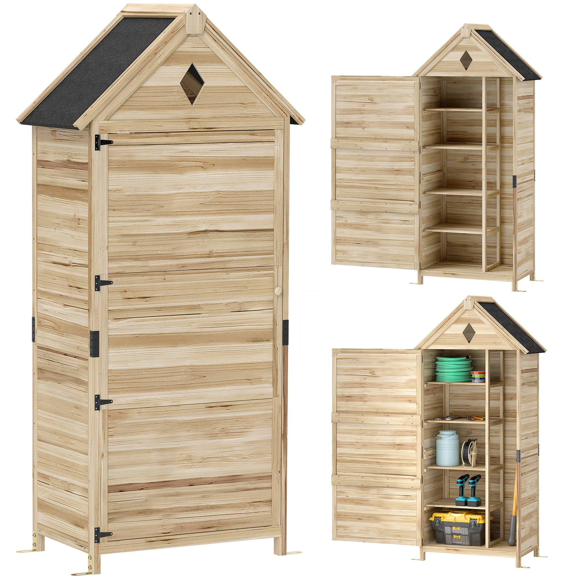 Tuinschuur met 4 Planken, Opslagschuur van Hout, Waterdicht Asfaltdak, 80 x 49 x 170 cm, Lichtbruin