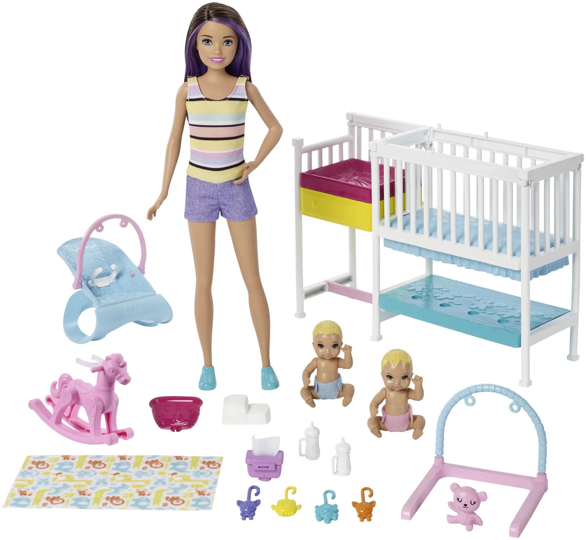 Barbie Skipper Babysitters Inc Juego de Cuna Nap n Nurture con Muñeca Morena, Bebé y Accesorios