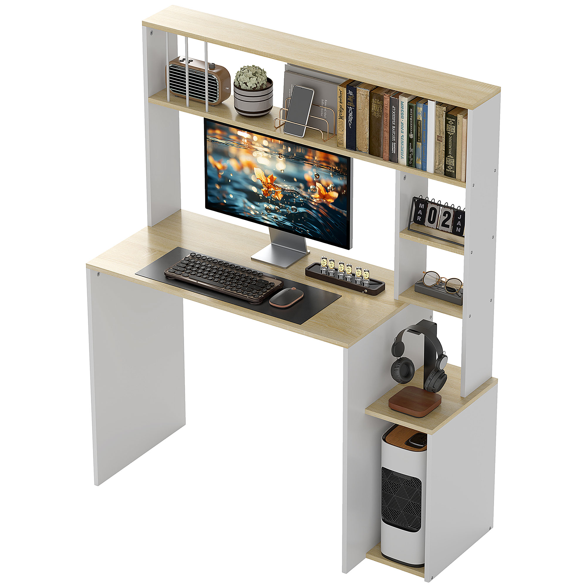 HOMCOM Computertisch mit offenen Regalen, Study Desk für Home Office und Schlafzimmer, Eiche-Farbe