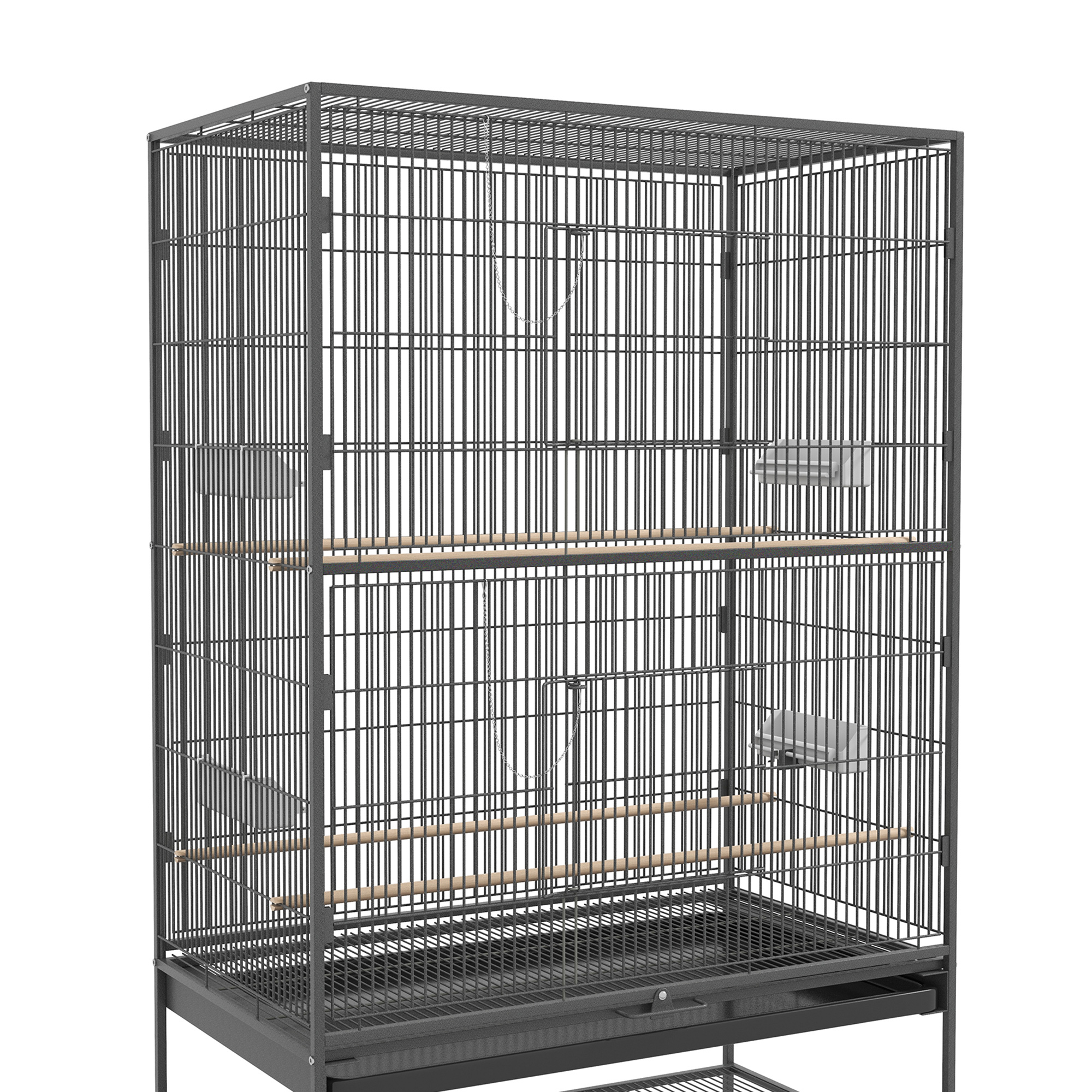 Vogelkooi inclusief zitstokken, vogelspeelgoed, uitneembare vloerbak, 1 plank, grijs
