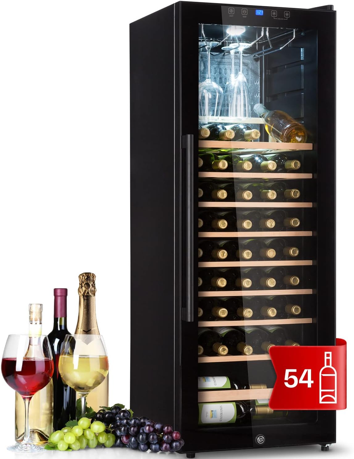 Klarstein Weinkühlschrank, Getränkekühlschrank Schmal, 1 Zone Kühlschrank mit Glastür, Getränkekühlschränke Freistehend, Weinkühlschrank Klein, Weinkühlschränke mit UV-Schutz, 4-18°C, 54 Flaschen