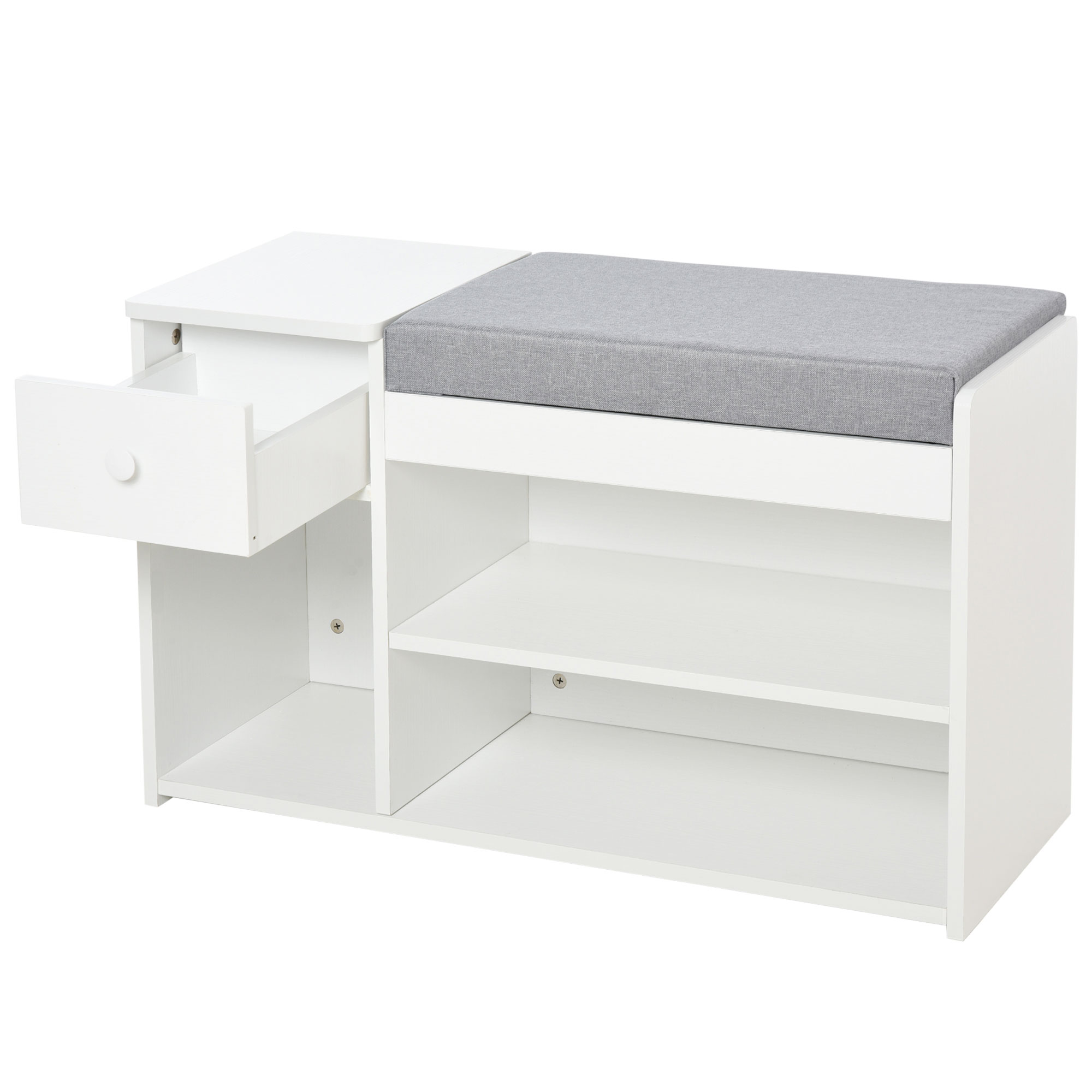 HOMCOM Schuhschrank Schuhschrank 2 Ebenen Aufbewahrung, Nische, Schublade, integrierte Truhe mit grauem weißen Kissen