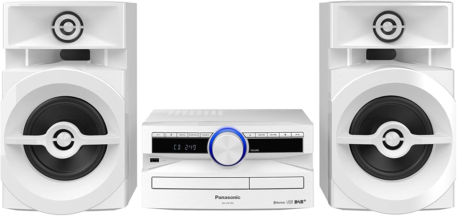 Panasonic SC-UX102E-W Mini Stereo System, 300 W, 2-Way Speaker, 13 cm Woofer, Ideal for Parties, CD Player, CD-R/R W, Bluetooth Wireless Playback, USB, DAB/DAB+, White