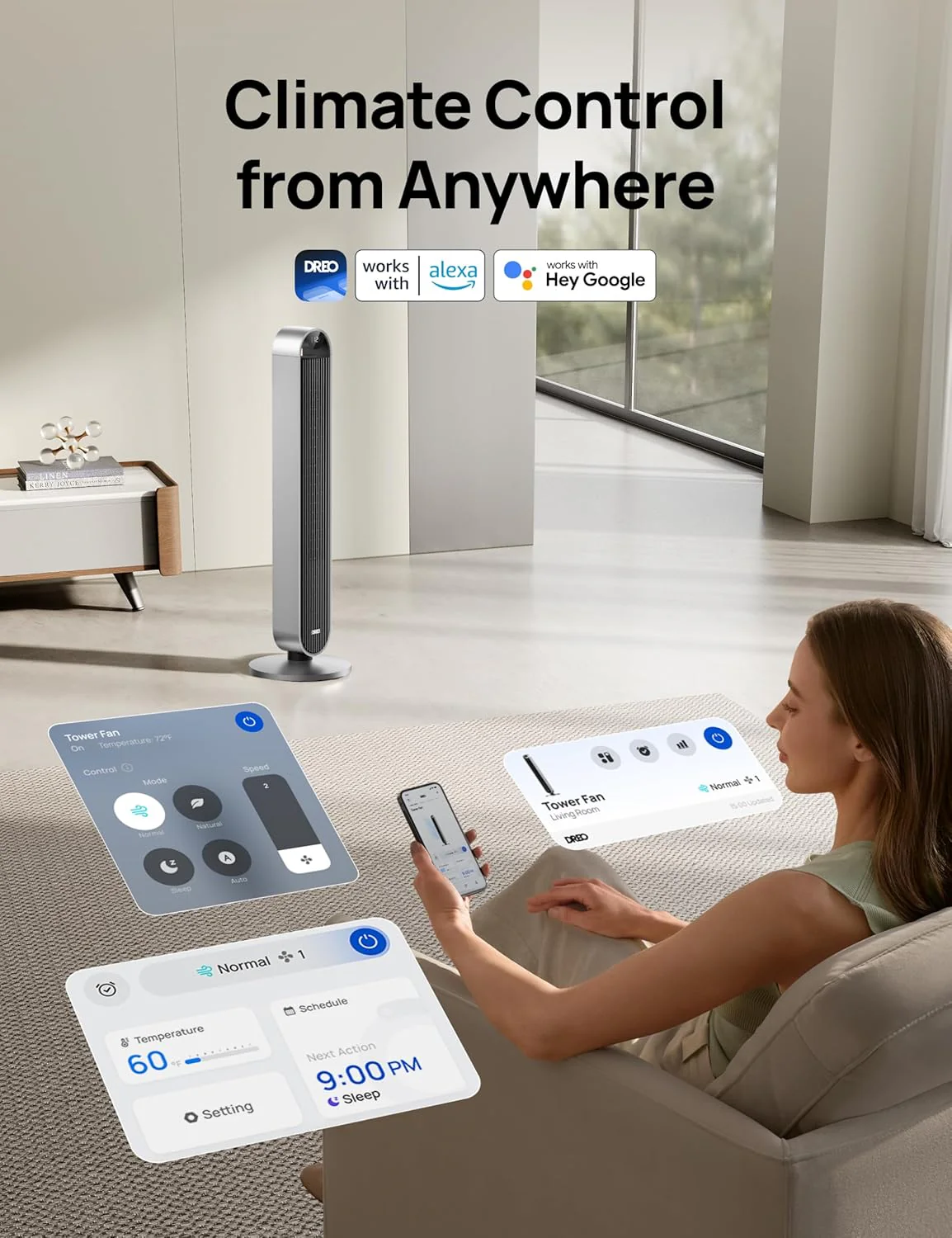 Dreo 25dB Stille Slimme Torenventilator met Spraakbesturing, WiFi Alexa Ventilator, APP Bediening, 120�� Oscillerende Staande Ventilator, 12 Snelheden, 4 Modi, 12-uurs Timer, Pilot Max S
