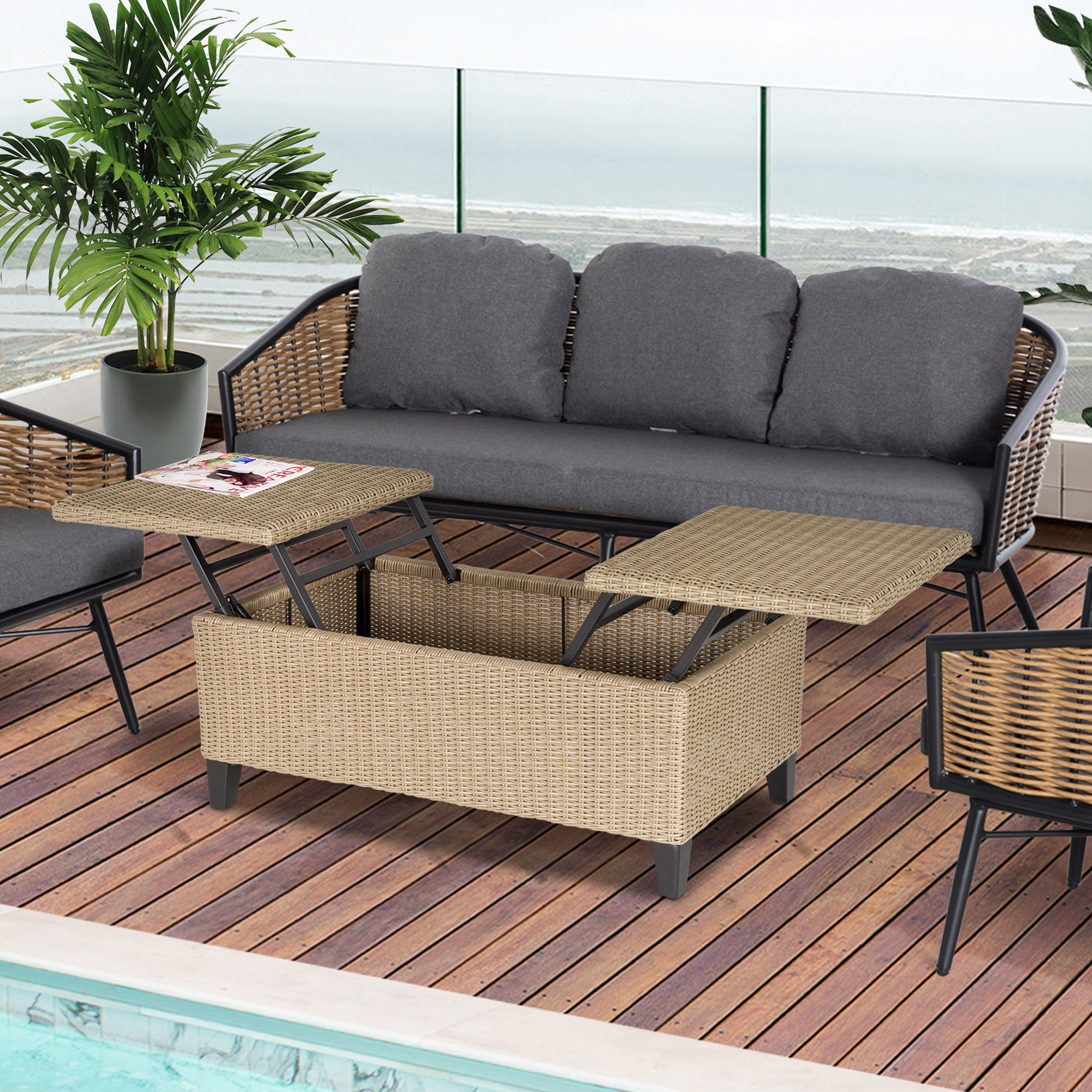 Outsunny Garten-Beistelltisch, Aufbewahrungskiste mit Stauraum, Rattanoptik, Stahlrahmen, khaki, 103 x 50 x 45,5 cm