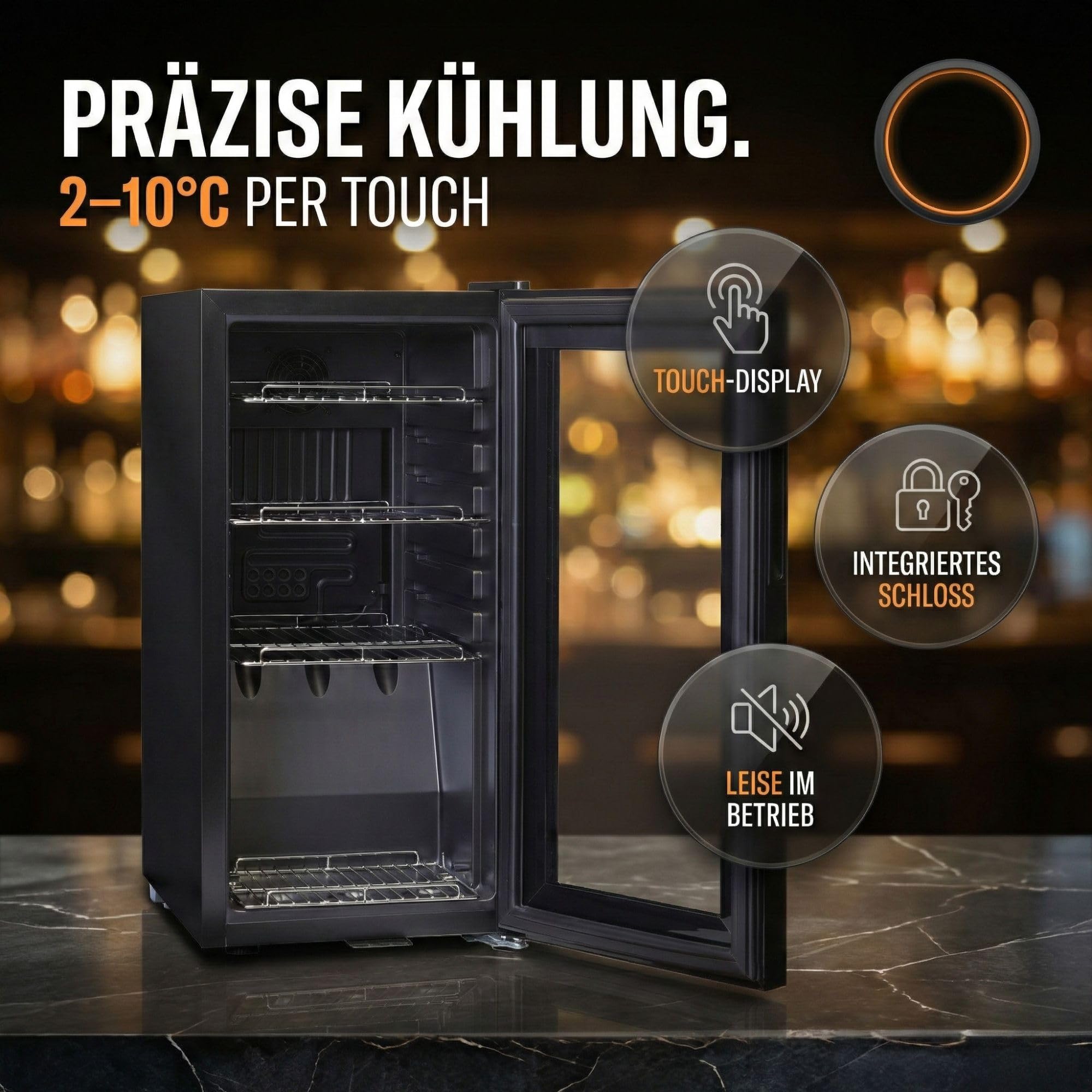 Getränkekühlschrank 50 L mit Glastür, Touchsteuerung, LED-Beleuchtung und Schloss, freistehend, 2–10 °C