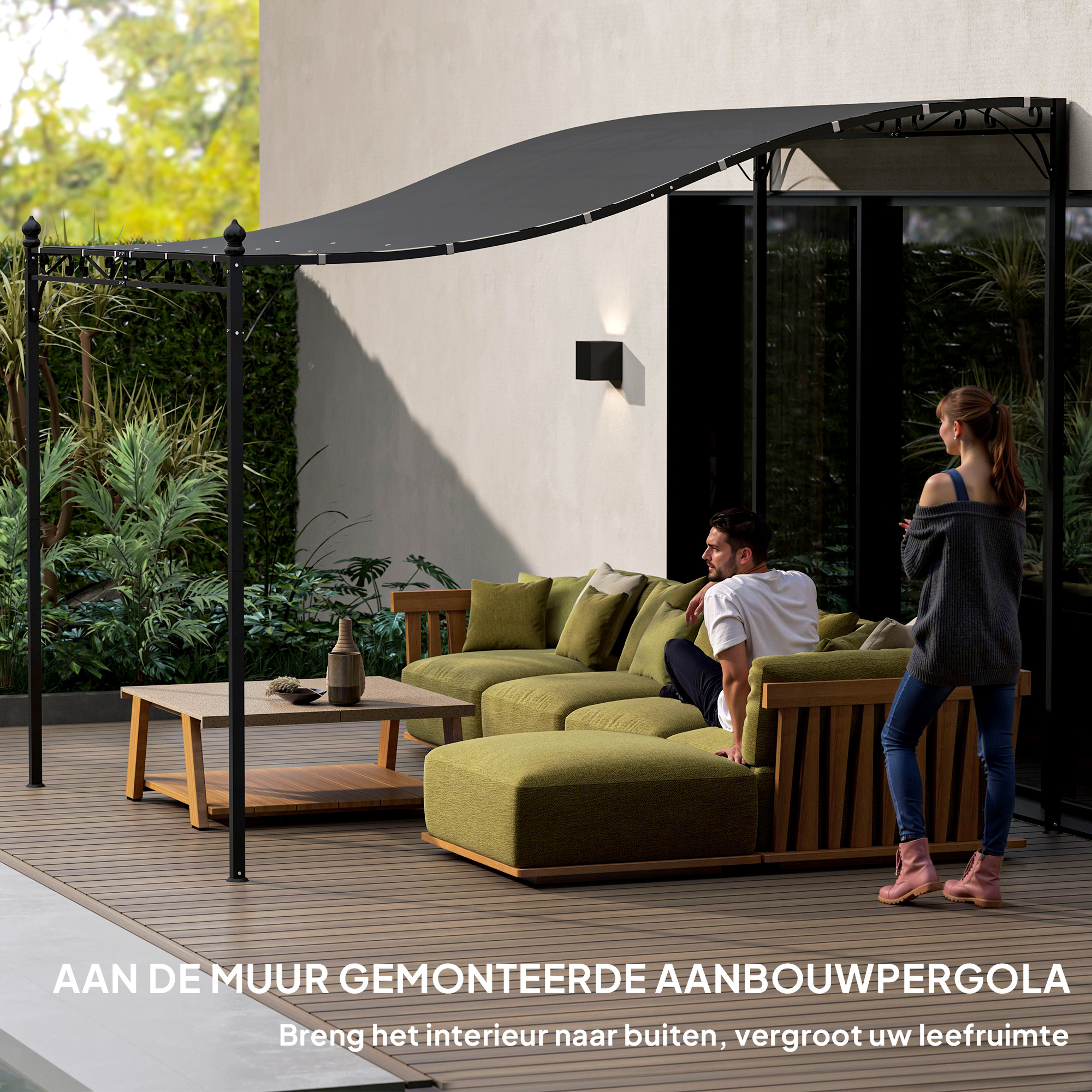 2,5 x 3 m Pergola, Wandgemonteerde Tuin Luifel, Waterbestendig, Metalen Frame, Afvoergaten, Schaduwdak, Donkergrijs