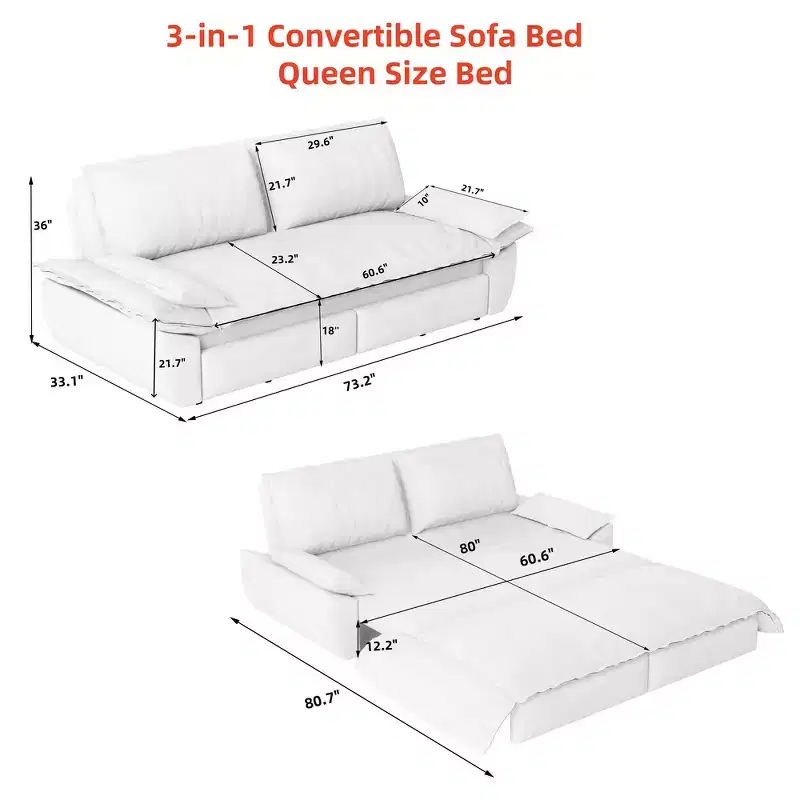 3-in-1 Convertible Queen Sleeper Sofa with Velvet Upholstery