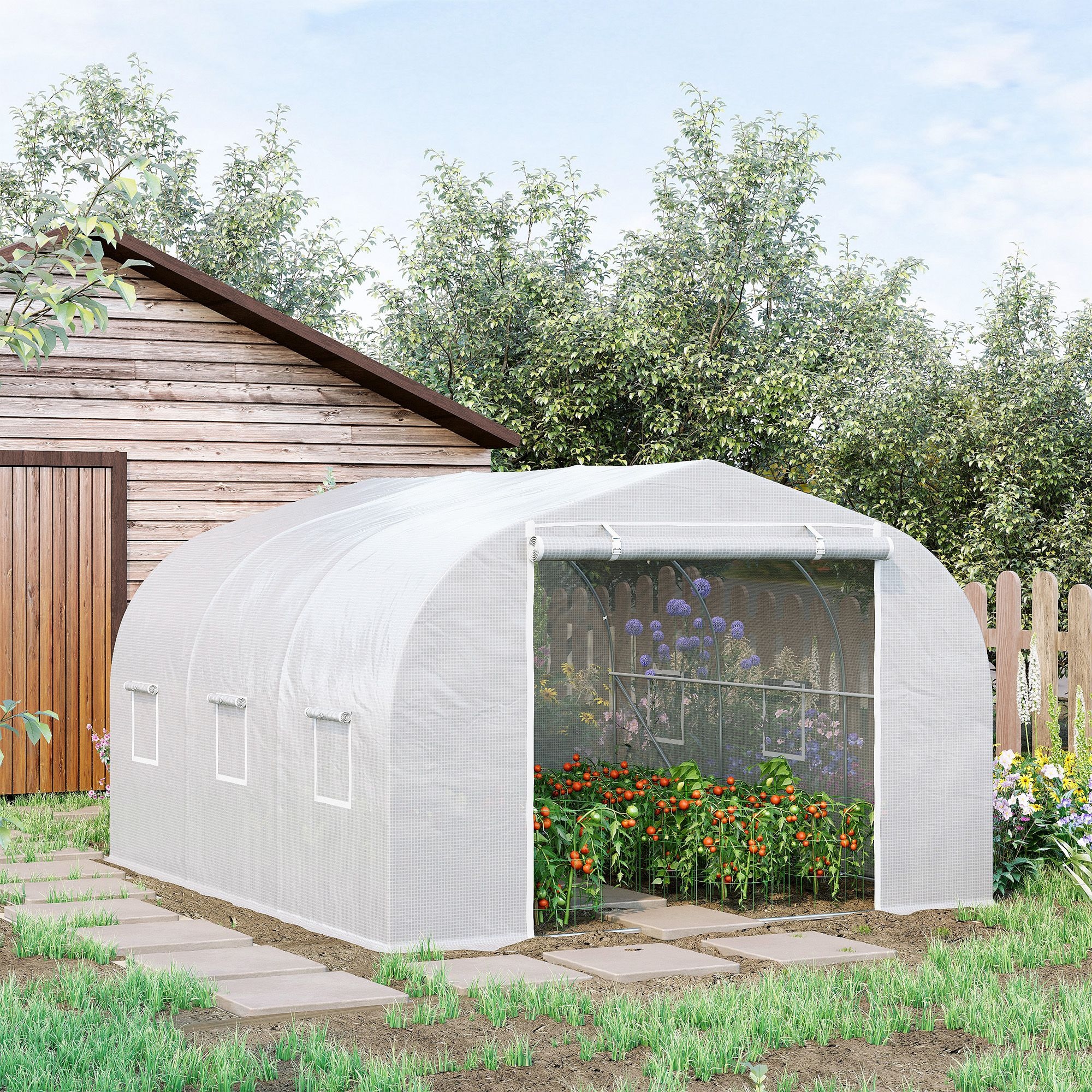 Outsunny Garten-Tunnelgewächshaus dim. 3,5L x 3B x 2H m Tür + 6 aufrollbare Fenster Verzinkter Stahl PE-Hochdichte-Plane Weiß