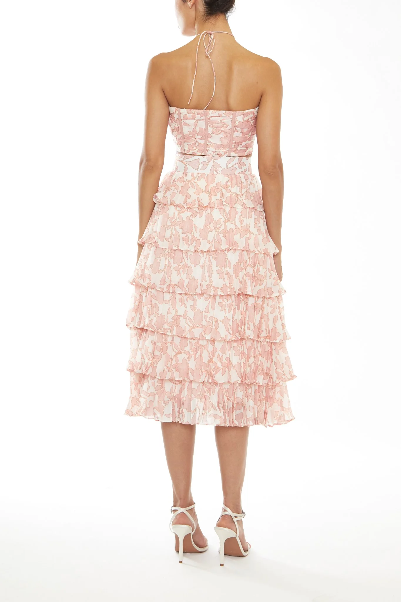 Nora Co-Ord Cream-Pink Outline Flower Tiered Pleated Midi Skirt