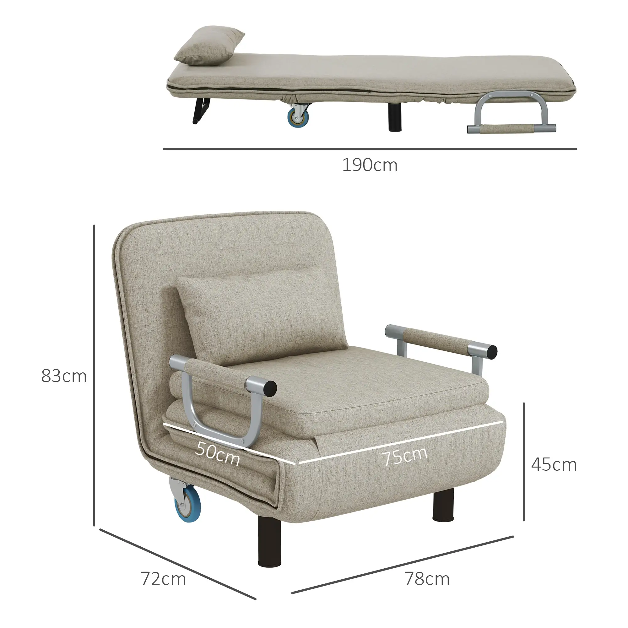 HOMCOM Schlafsessel mit Bettfunktion 3-fach verstellbar mit Rollen