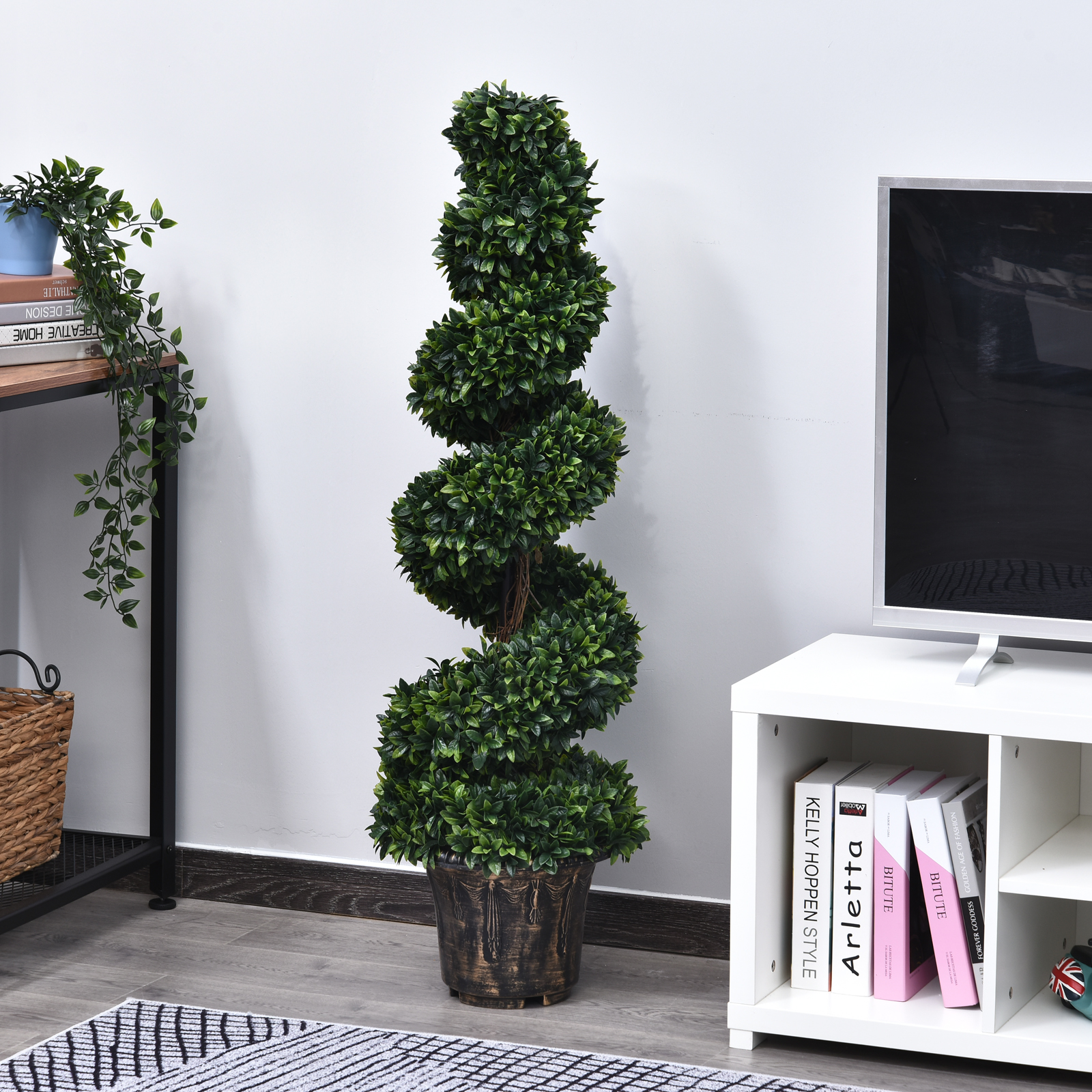 Outsunny Künstliche Spiralbuchsbaum Pflanze (Ф32cm x 120cm), Dekorativ für Innen- und Außenbereich, Grün mit Inkludiertem Blumentopf