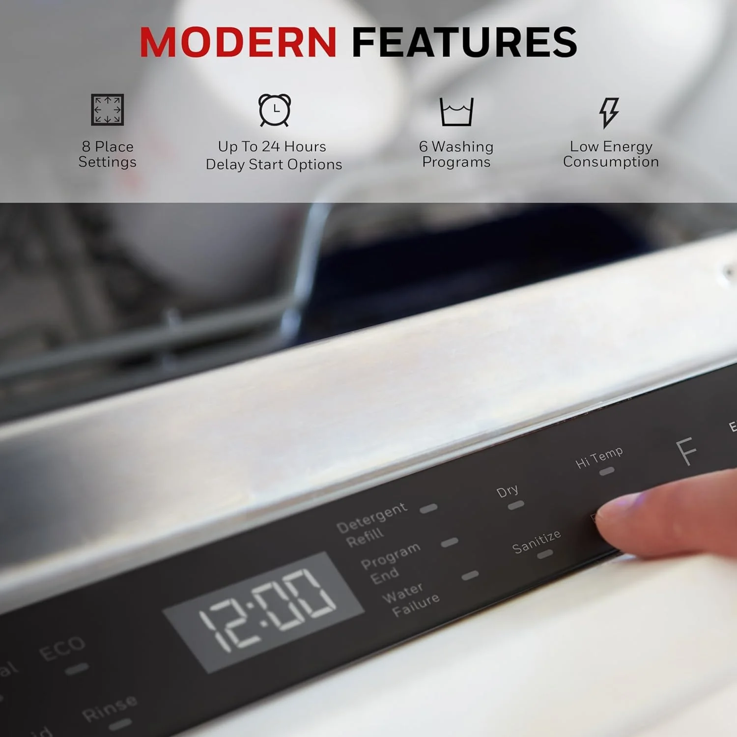 Honeywell 18 Inch Dishwasher with 8 Place settings, 6 Washing Programs, Stainless Steel Tub, UL/Energy Star- Stainless Steel