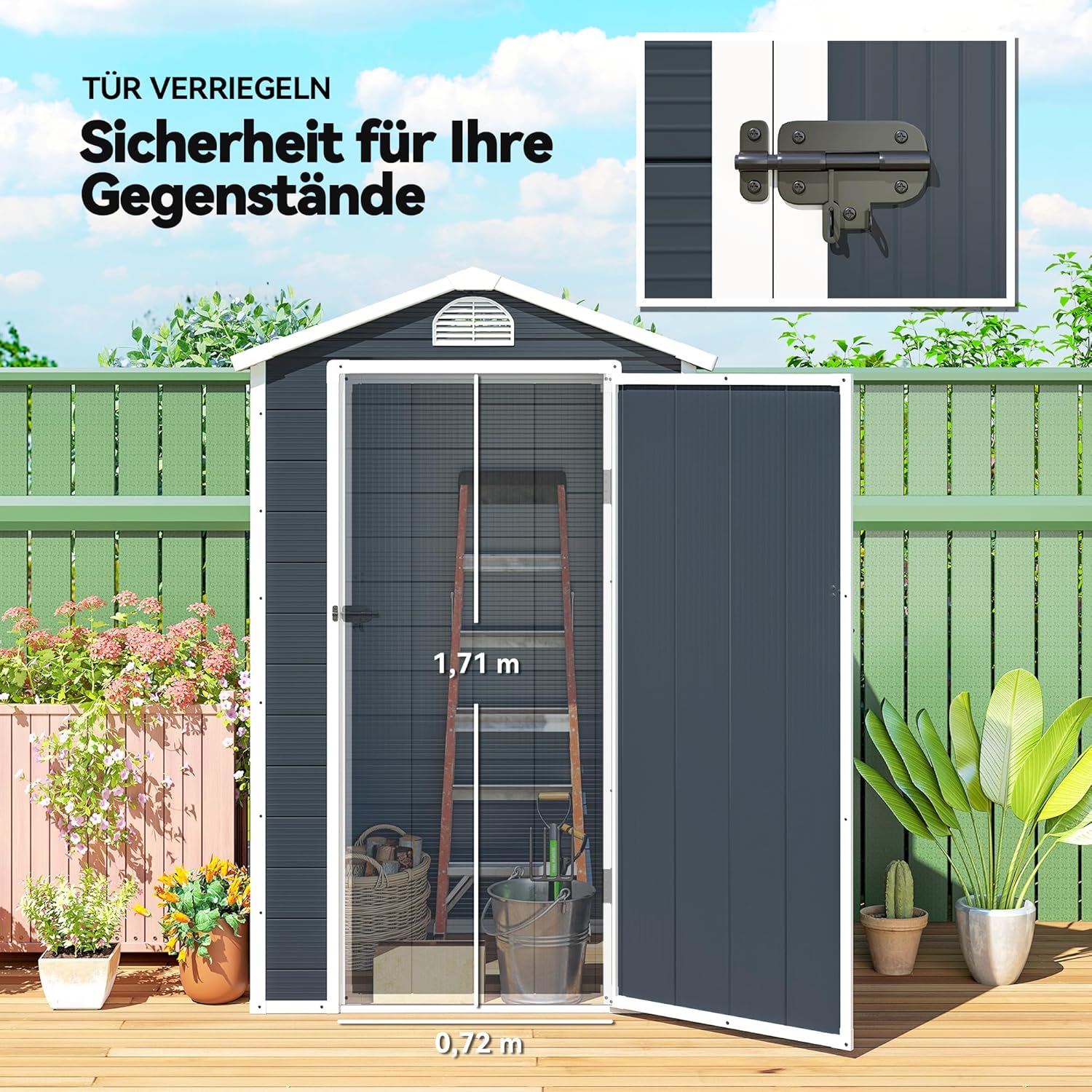 Outsunny Gerätehaus 1,1m², Geräteschuppen mit Satteldach, 134 x 104 x 204 cm, Kunststoff Geräteschuppen mit Abschließbar Tür Belüftungsöffnung Fenster Fundament, Gartenhaus für Garten Dunkelgrau