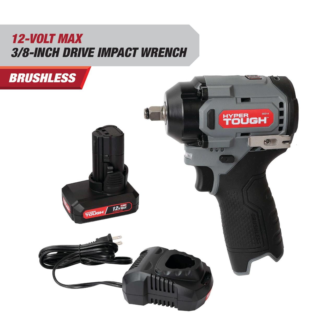 Hyper Tough 12V Cordless Brushless Impact Wrench, 225 ft lbs Torque, 4.0Ah Battery & Charger Included, 3/8&prime;&prime; Drive