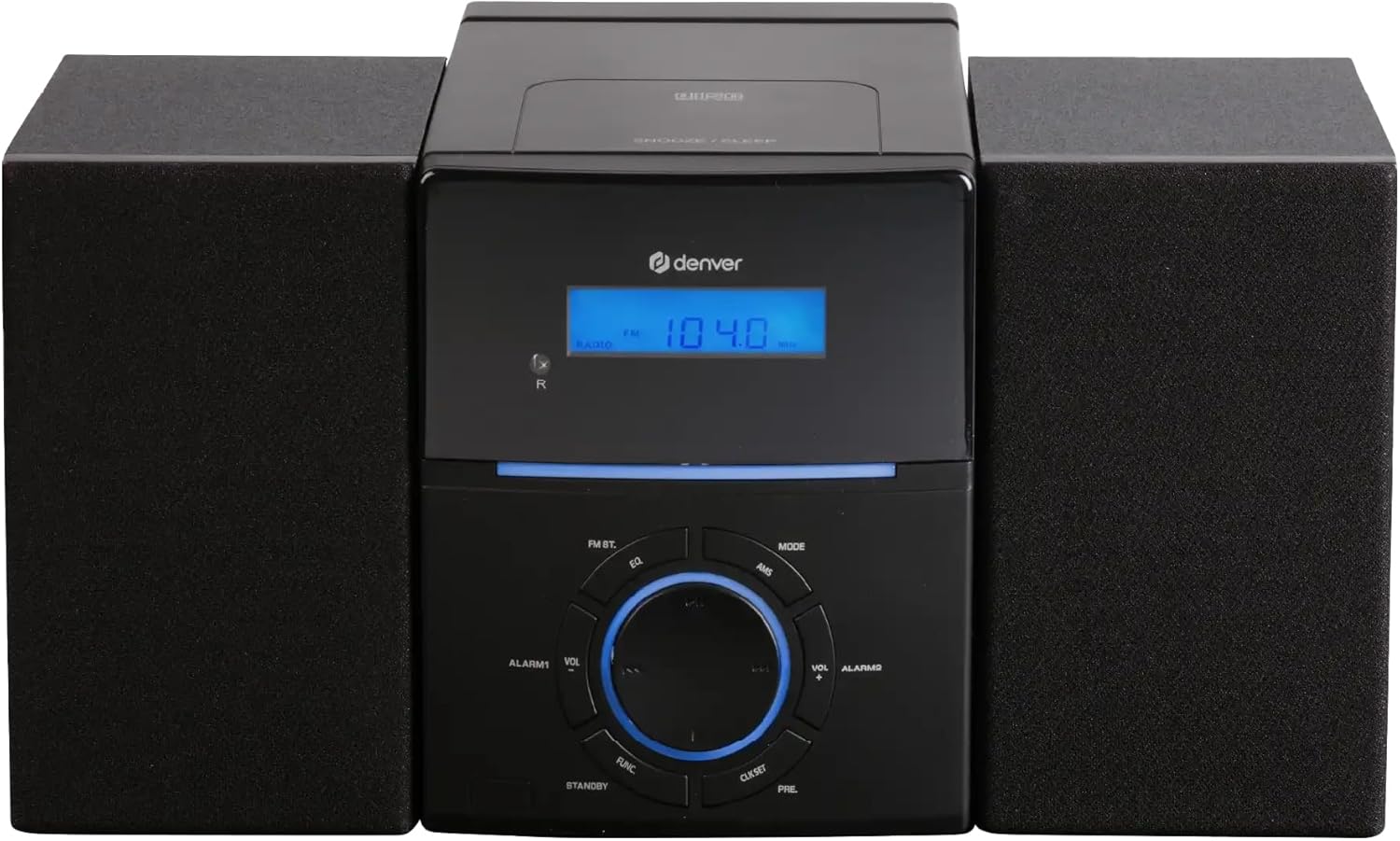 Denver MCA-240 – Impianto stereo casa con lettore CD HiFi, radio FM, sveglia doppia, AUX, telecomando incluso – Mini stereo compatto per casa