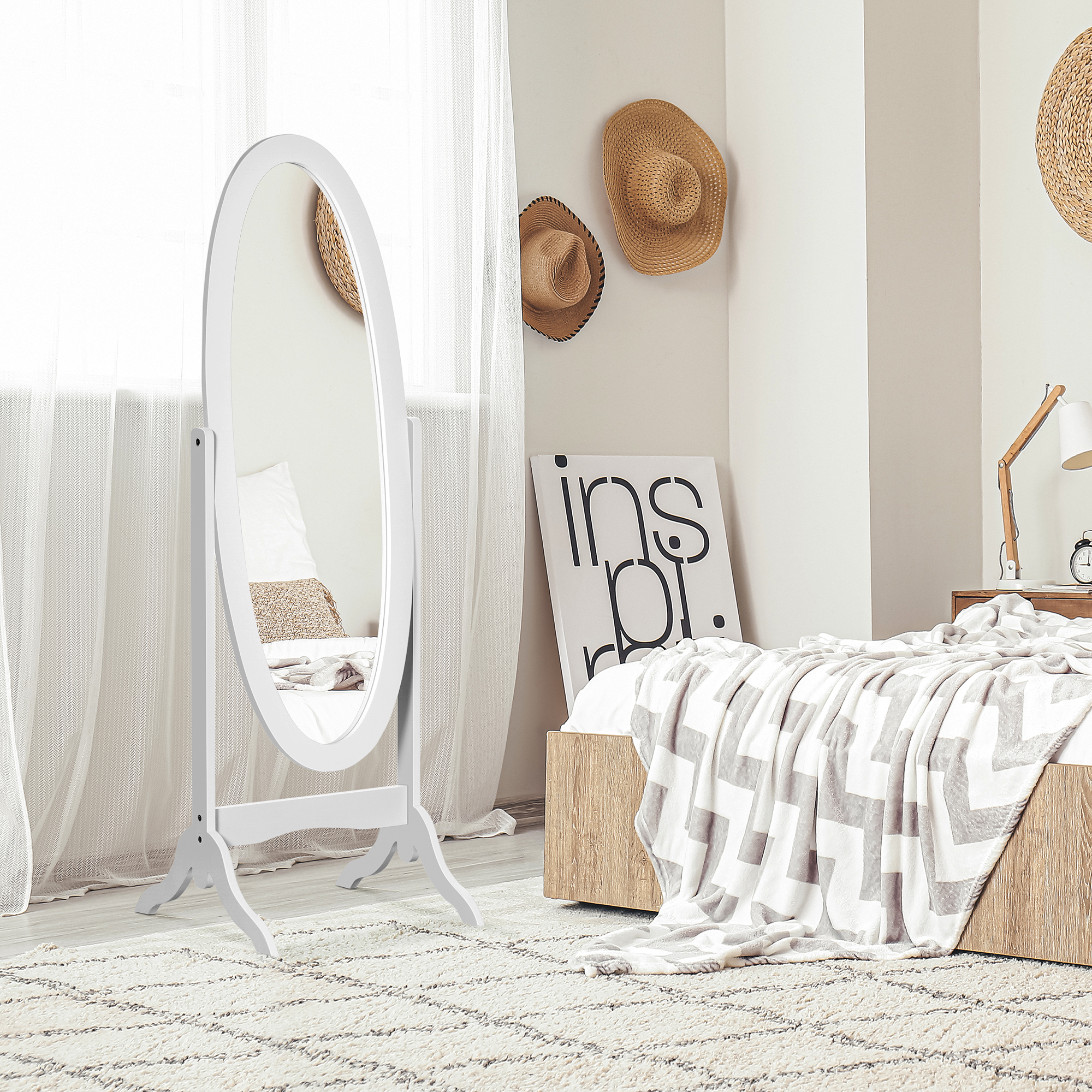 HOMCOM Ovaler freistehender Spiegel im Shabby Chic-Stil mit verstellbarer Neigung, Maße 48L x 46B x 147H cm - MDF Weiß