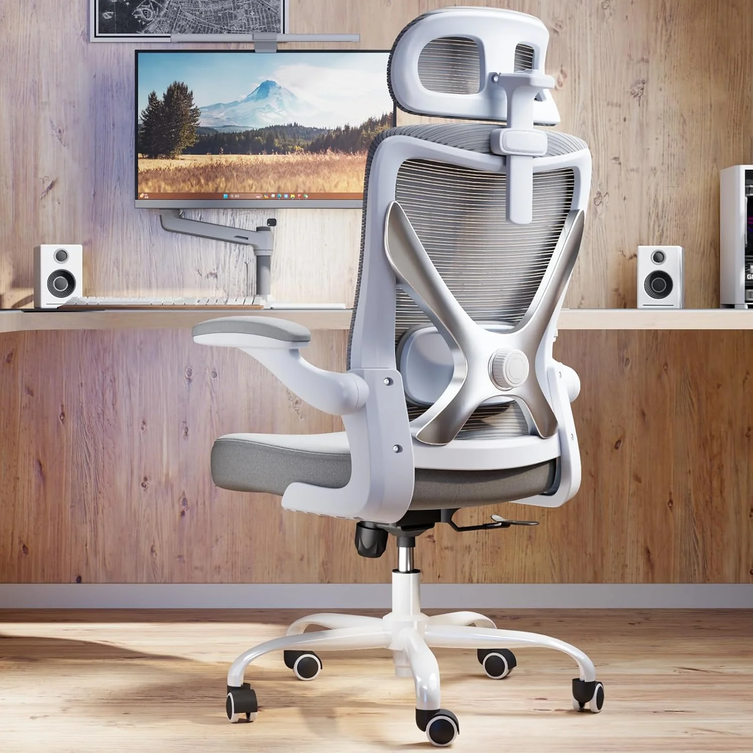 Office computer desk and chair, gaming chair, with lumbar support and headrest