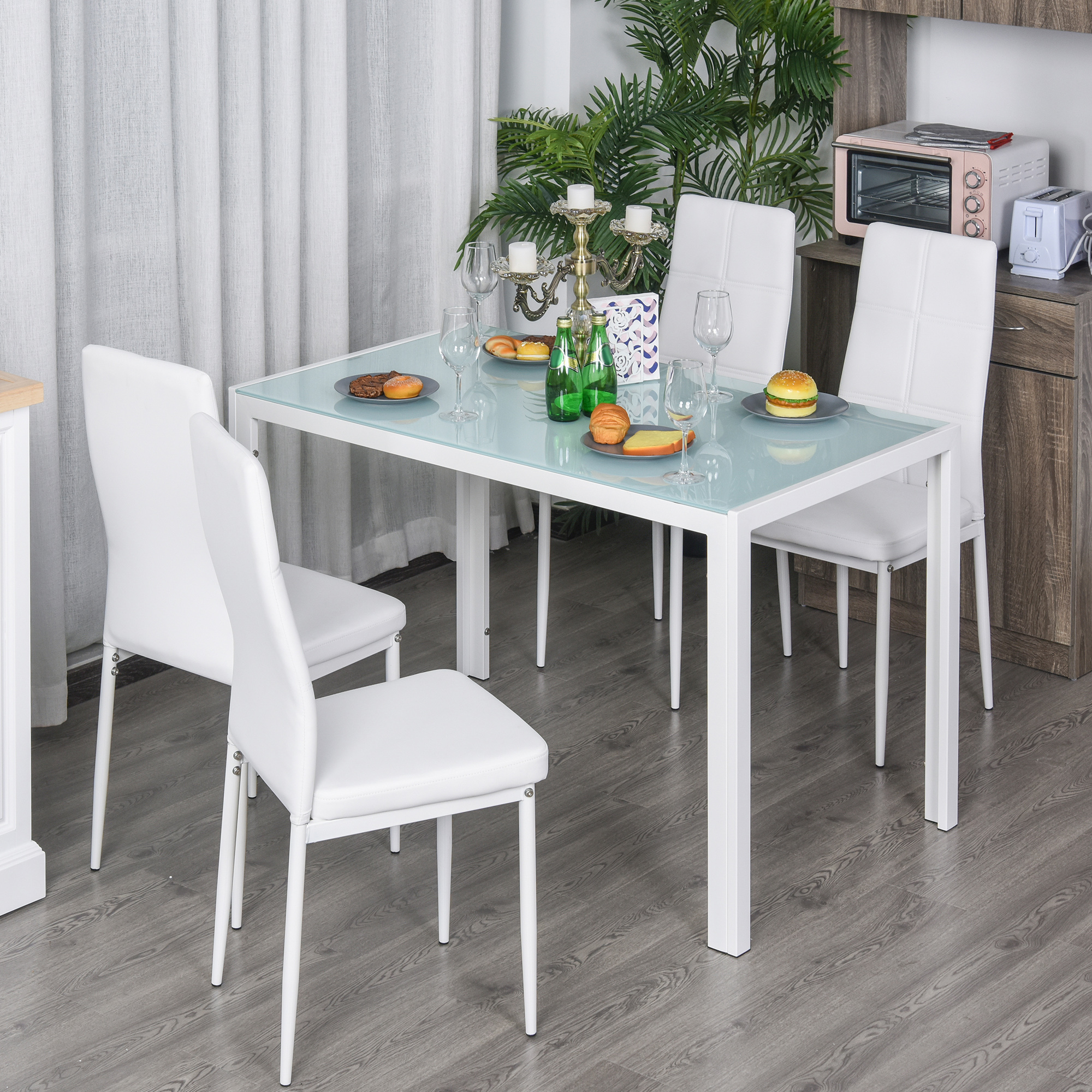HOMCOM Esszimmer-Set mit Esstisch und Stühlen für 4 Personen, rechteckige Glasplatte, für Küche Wohnzimmer Zuhause, Weiß