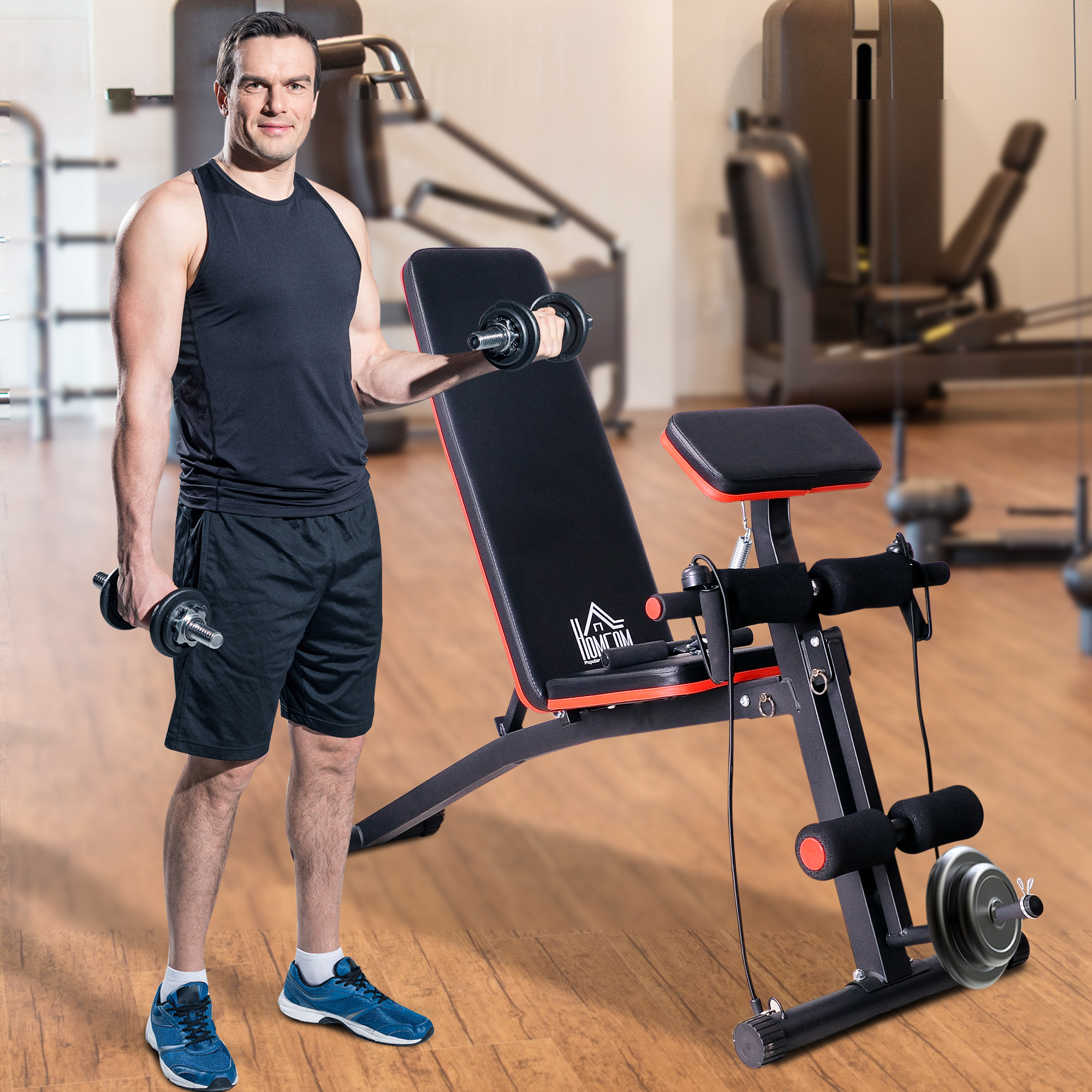 HOMCOM Multifunktion Hantelbank Kraftstation mit Feder Booster Trainingsbank Gewicht bis 120kg Schwarz 54 x 160 x 106 cm