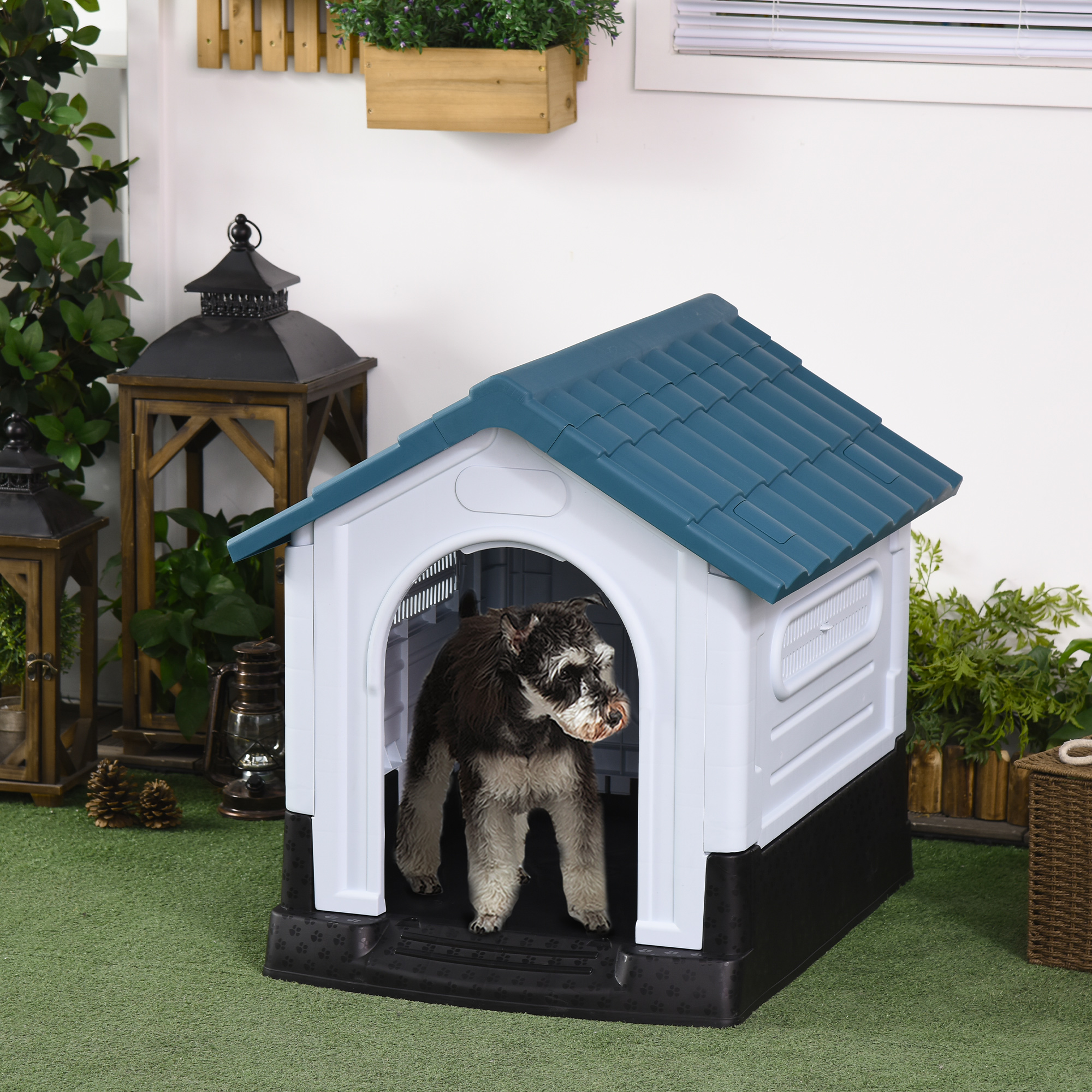 PawHut Hundehütte Draußen für kleine und mittelgroße Hunde 64,5 x 57 x 66 cm Weiß und Blau