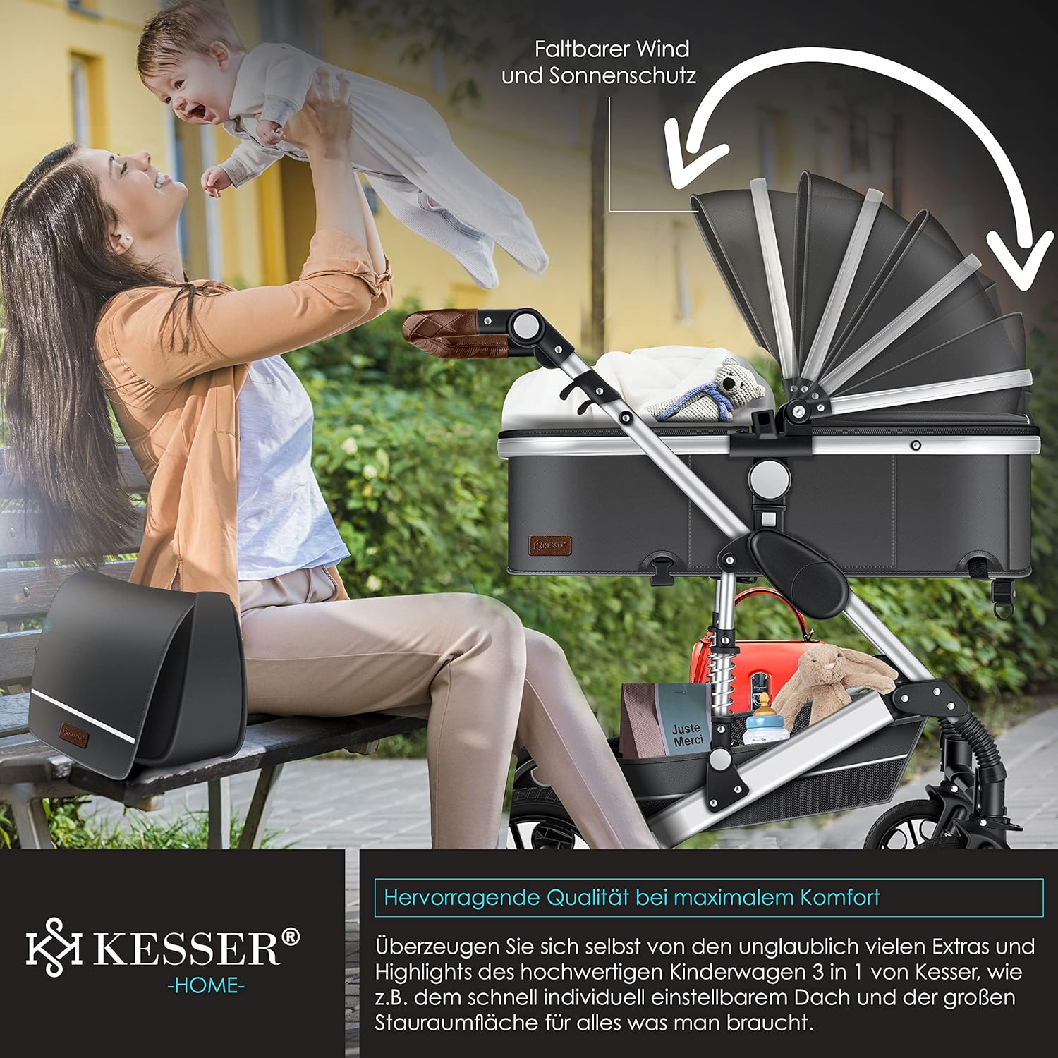KESSER® Loops 3 in 1 Kinderwagen Kombikinderwagen Komplett-Set inkl. Babywanne & Buggy Sportsitz & Auto-Babyschale Voll-Gummireifen Wickeltasche Regenschutz Kindertisch ECE R129, Schwarz/Schwarz