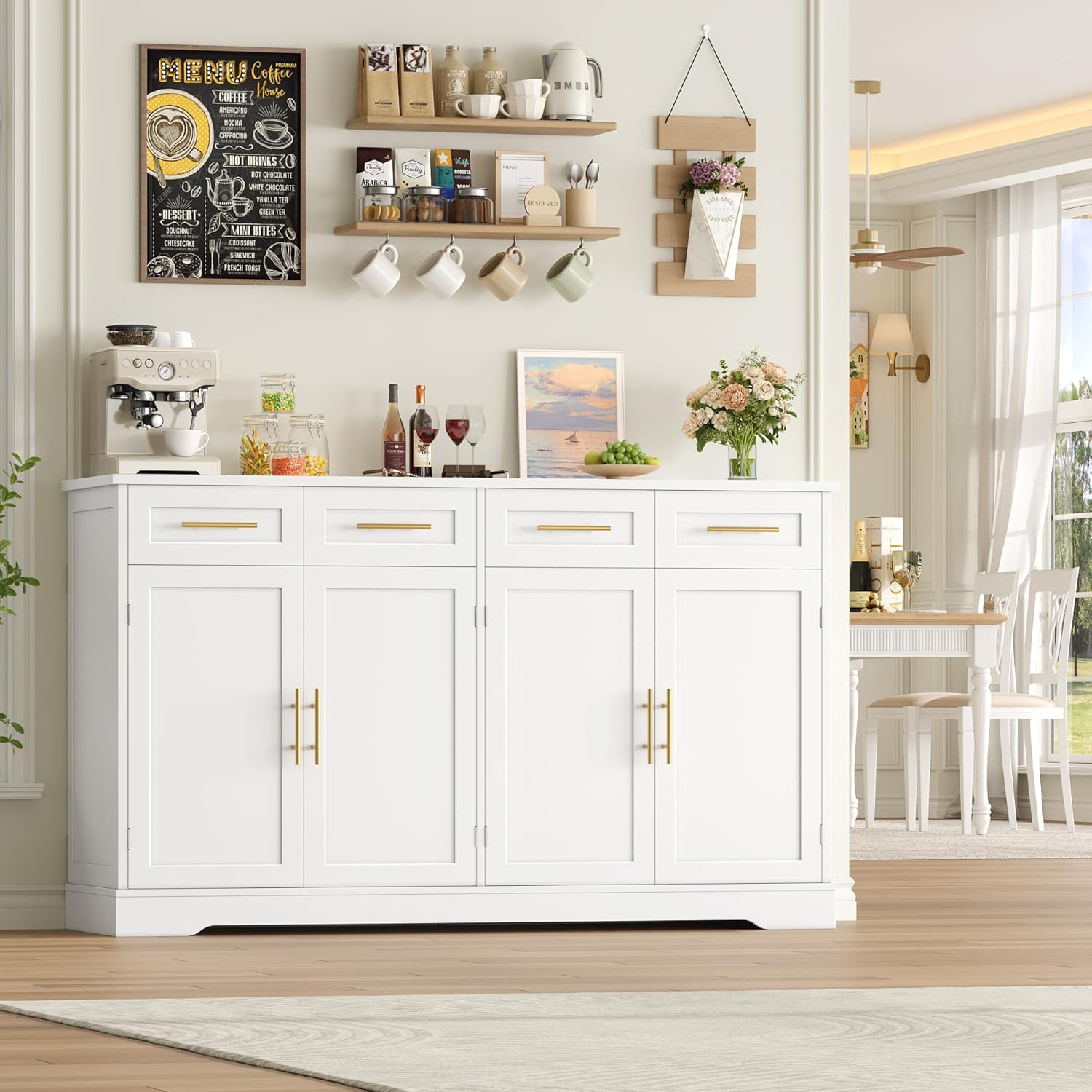HOCSOK Credenza Cucina, 150 cm Madia Cucina con 4 Cassetti 4 Ante, Credenza Soggiorno con Maniglie in Metallo per Soggiorno, sala da pranzo, Ingresso, Mobile TV, 150×92×40 cm, Bianco