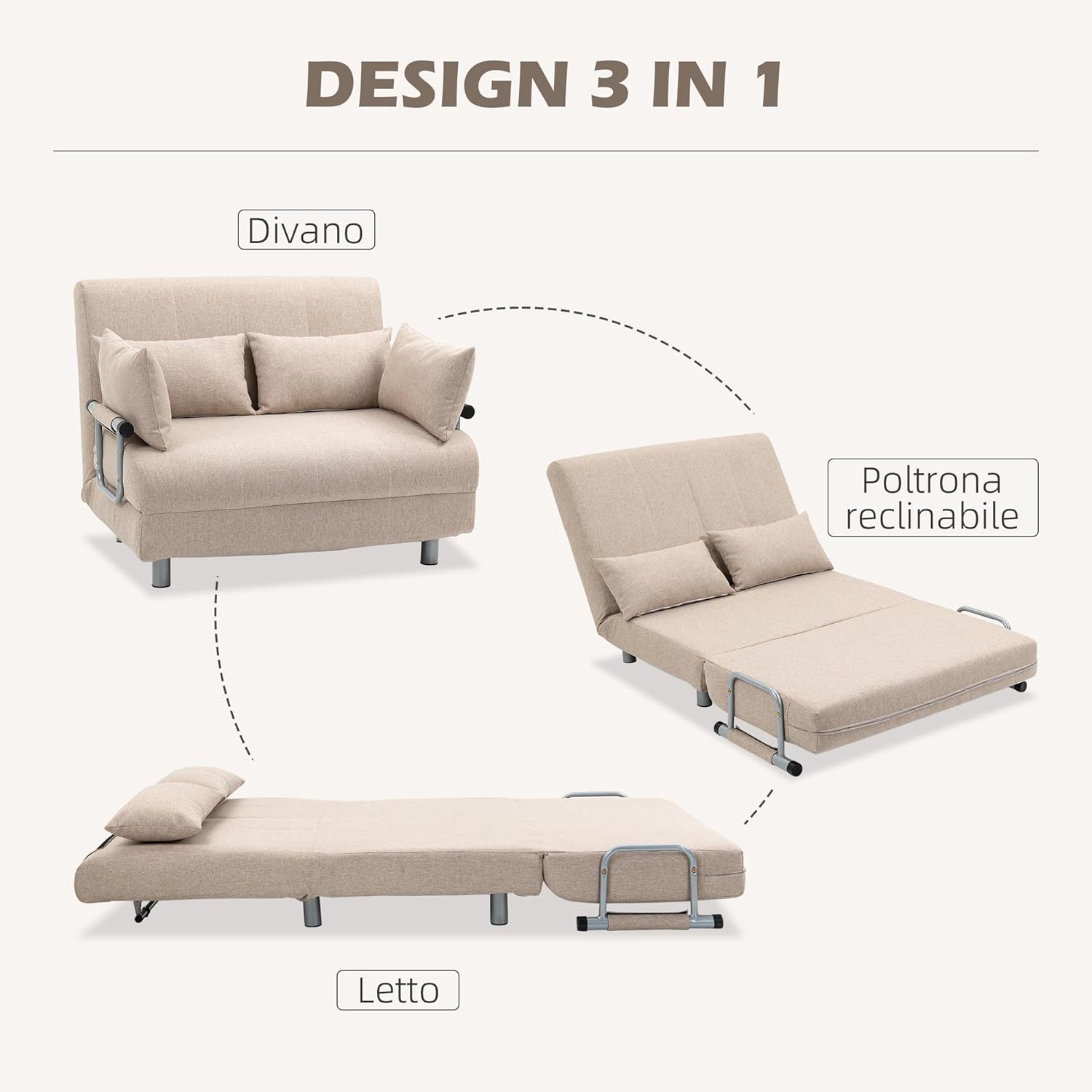 HOMCOM Divano Letto 2 Posti 3 in 1 Convertibile in Poltrona Reclinabile con Schienale Regolabile e 4 Cuscini Imbottiti, 102x82x81 cm, Beige