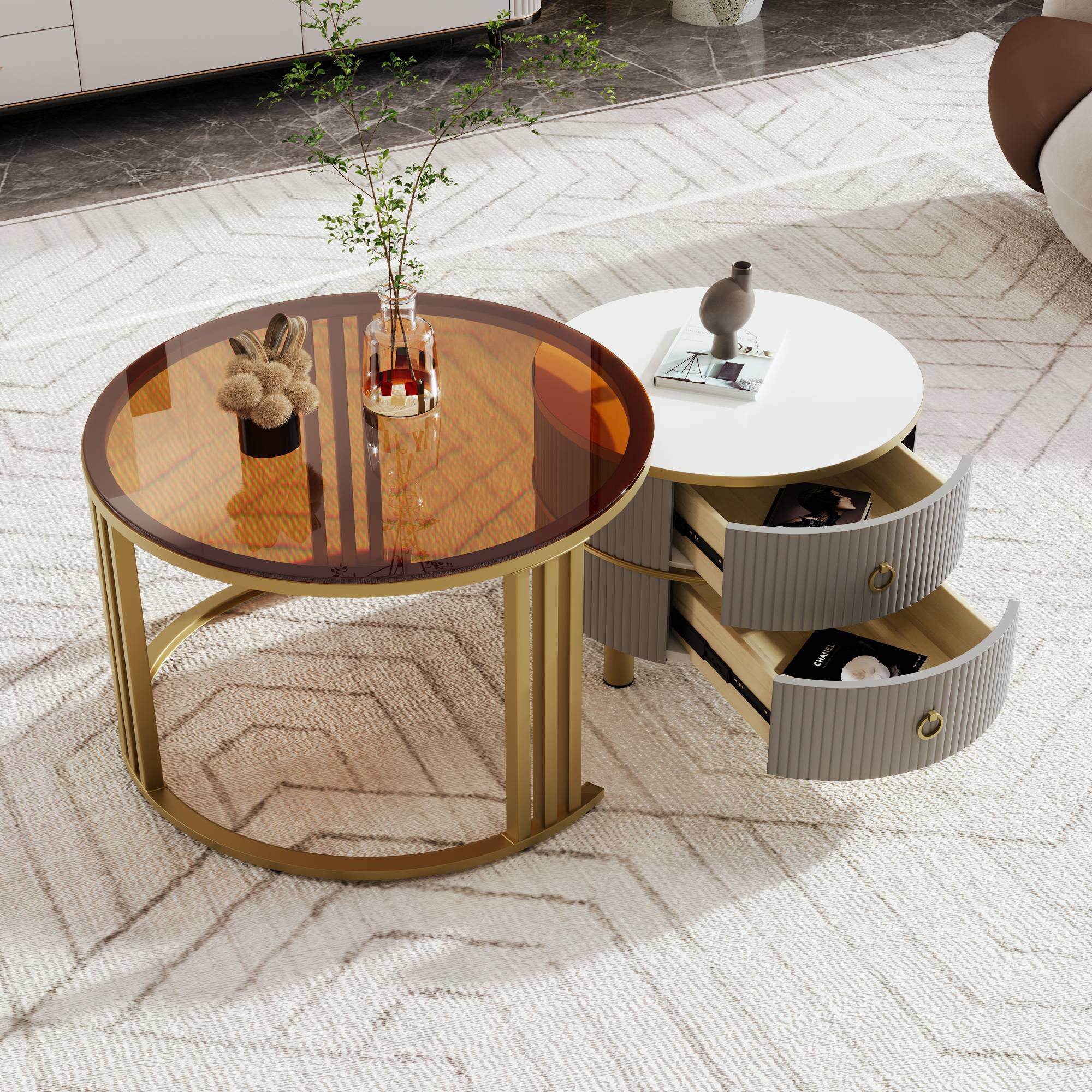 Couchtisch rund 70x70 cm und 50x50 cm, Runder Couchtisch mit Schubladen, Modernes Design für Wohnzimmer, Gold+Grau