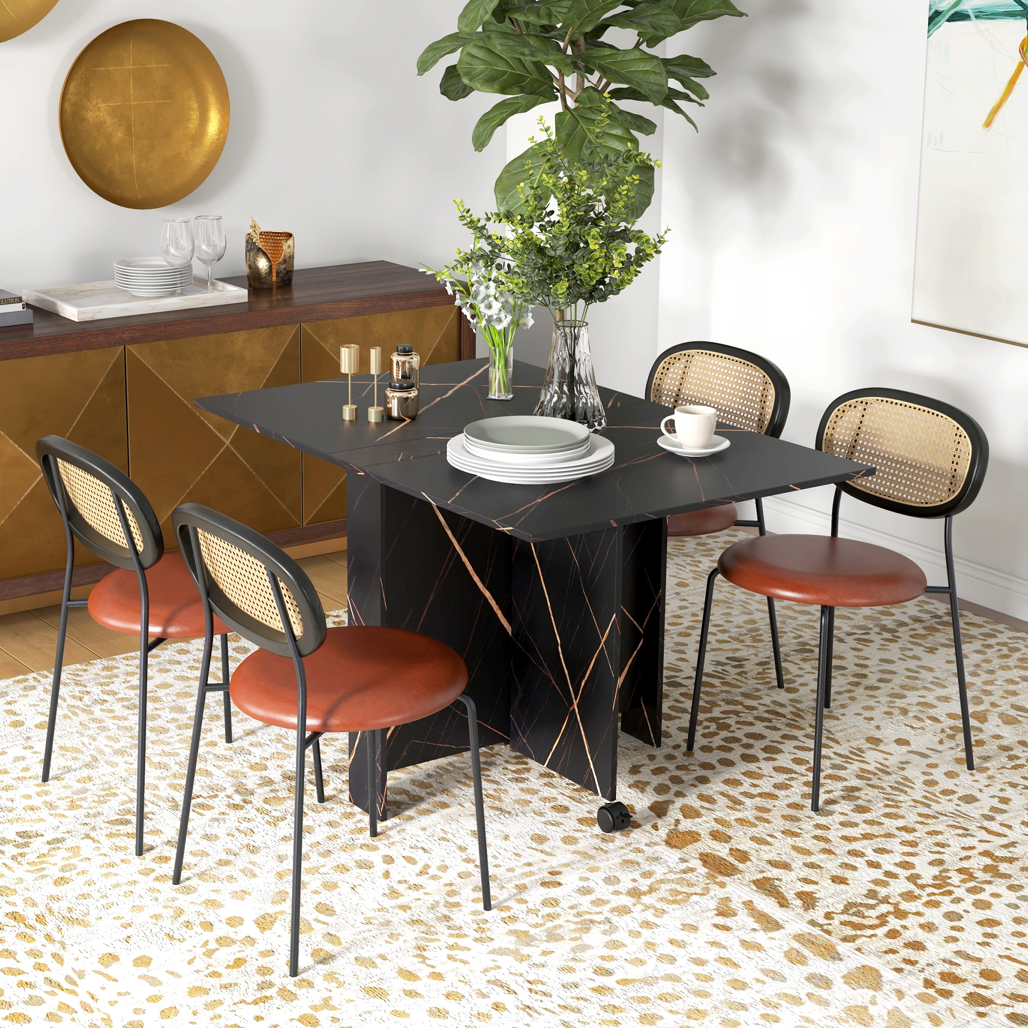 HOMCOM Klappbarer Küchentisch Esstisch mit 2 Klappen 2 Rädern mit Bremsen 120 x 80 x 73 cm schwarz marmoriert
