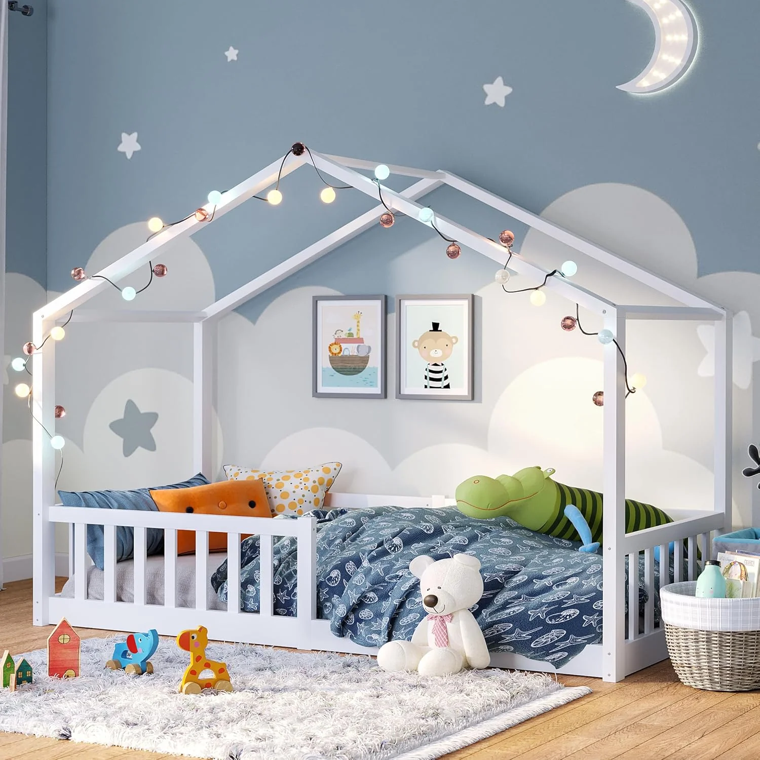 Bellabino Kinderbed Bia 140x200 cm, huisbed kinderen incl. uitvalbeveiliging en lattenbodem, Montessori vloerbed wit van massief grenenhout