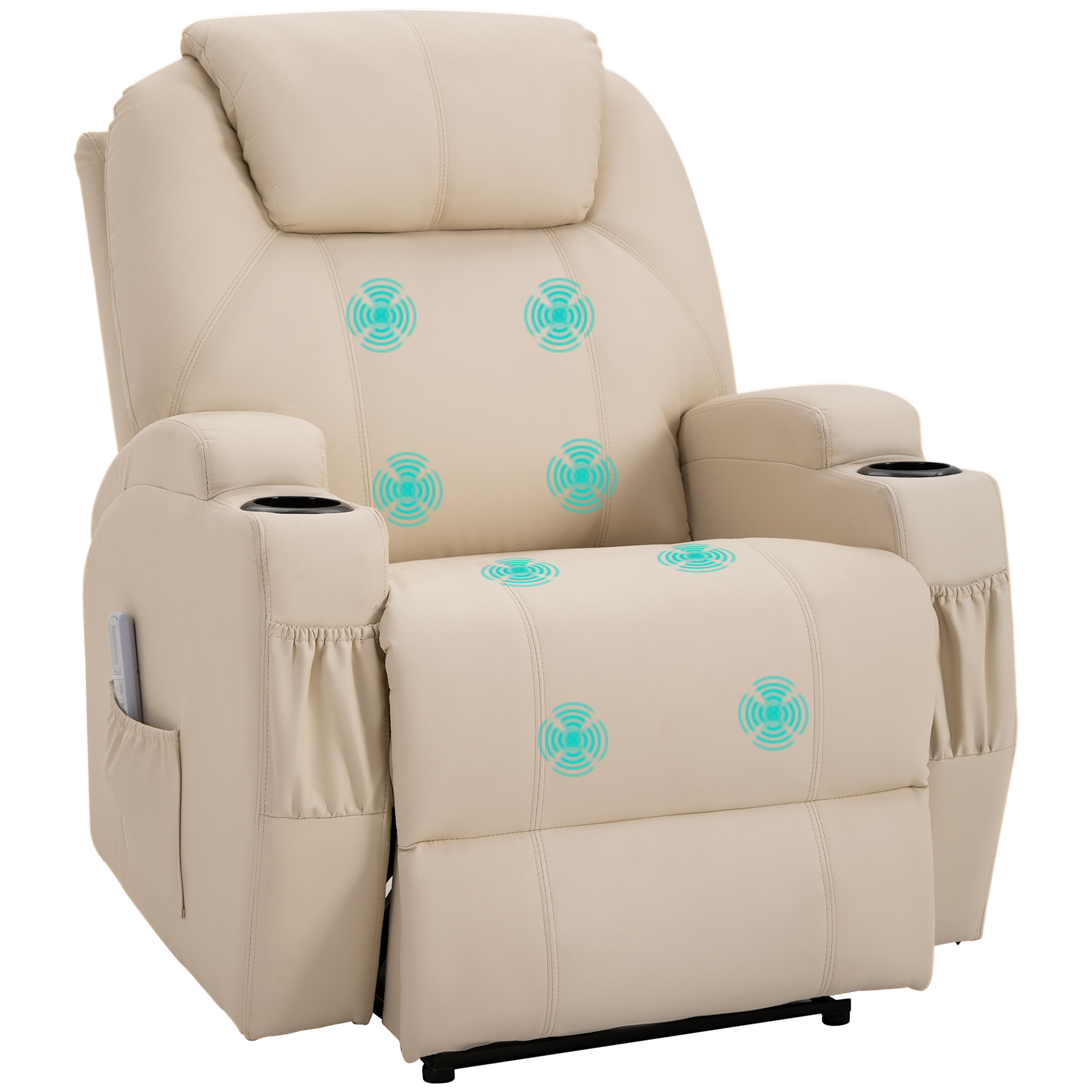 HOMCOM Massagesessel Elektrisch Relaxsessel Fernsehsessel Massagefunktion Liegefunktion TV-Sessel mit 2 Seitentaschen und Getränkehalter Kunstleder Beige 82 x 97 x 110 cm