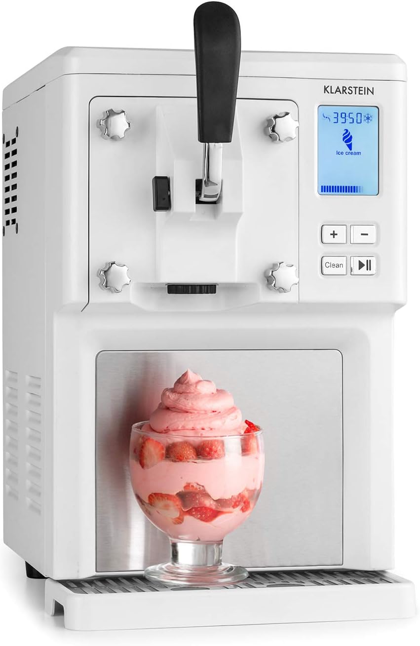 KLARSTEIN Sweet Sundae - Macchina per Gelato, Gelatiera, 1,5 L, Compressore Autoraffreddante, 200 W, Sistema di Erogazione, Mantenimento Temperatura per 3 h, Pulizia Automatica, Acciaio Inox, Bianco