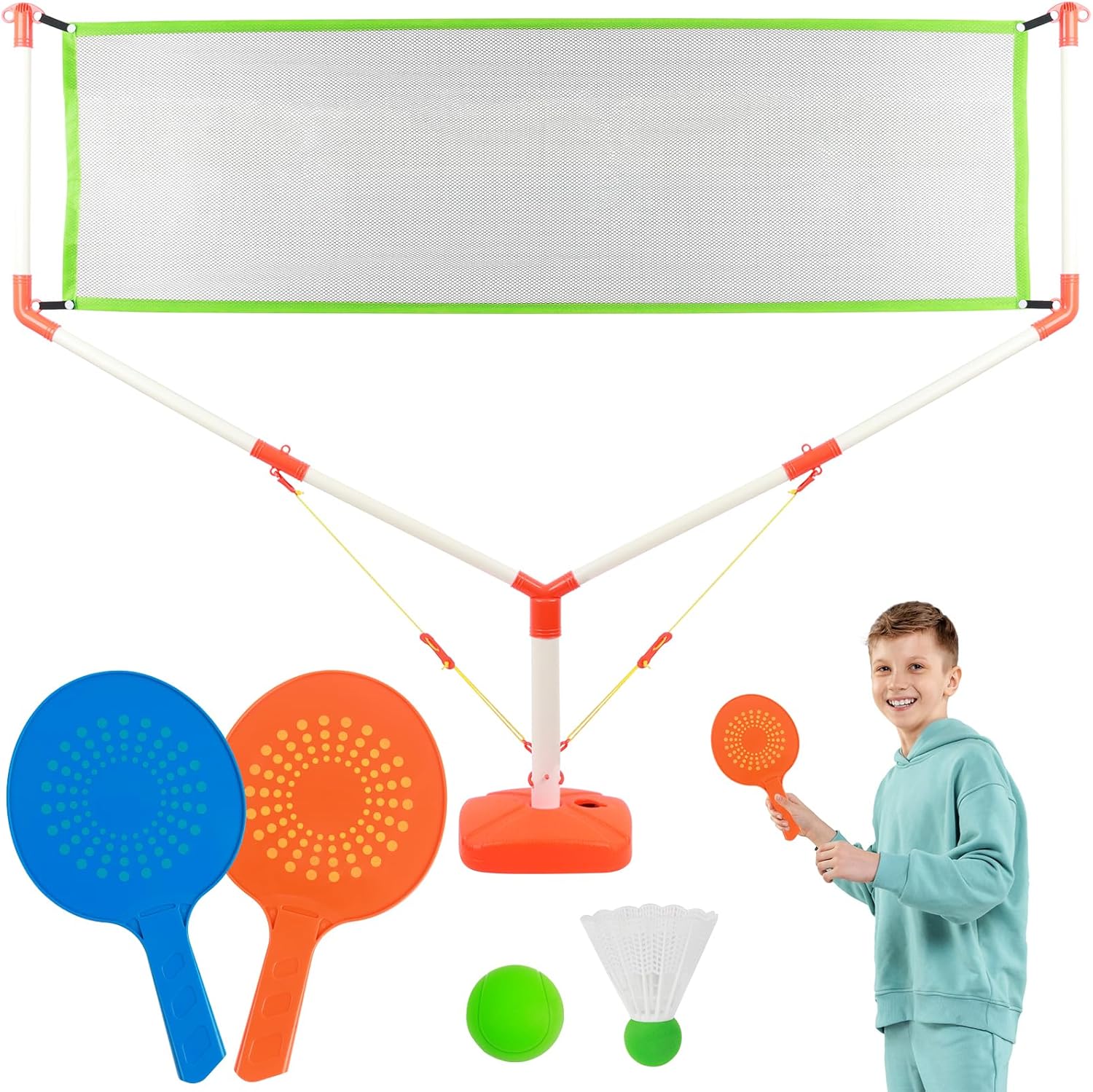 deAO Set Badminton Bambini con Rete - Racchette Tennis Junior, Gioco Sportivo con 1 Volano + 1 Palla Morbida, Attrezzatura Interni/Esterni - Regalo Perfetto per Sport all'Aperto