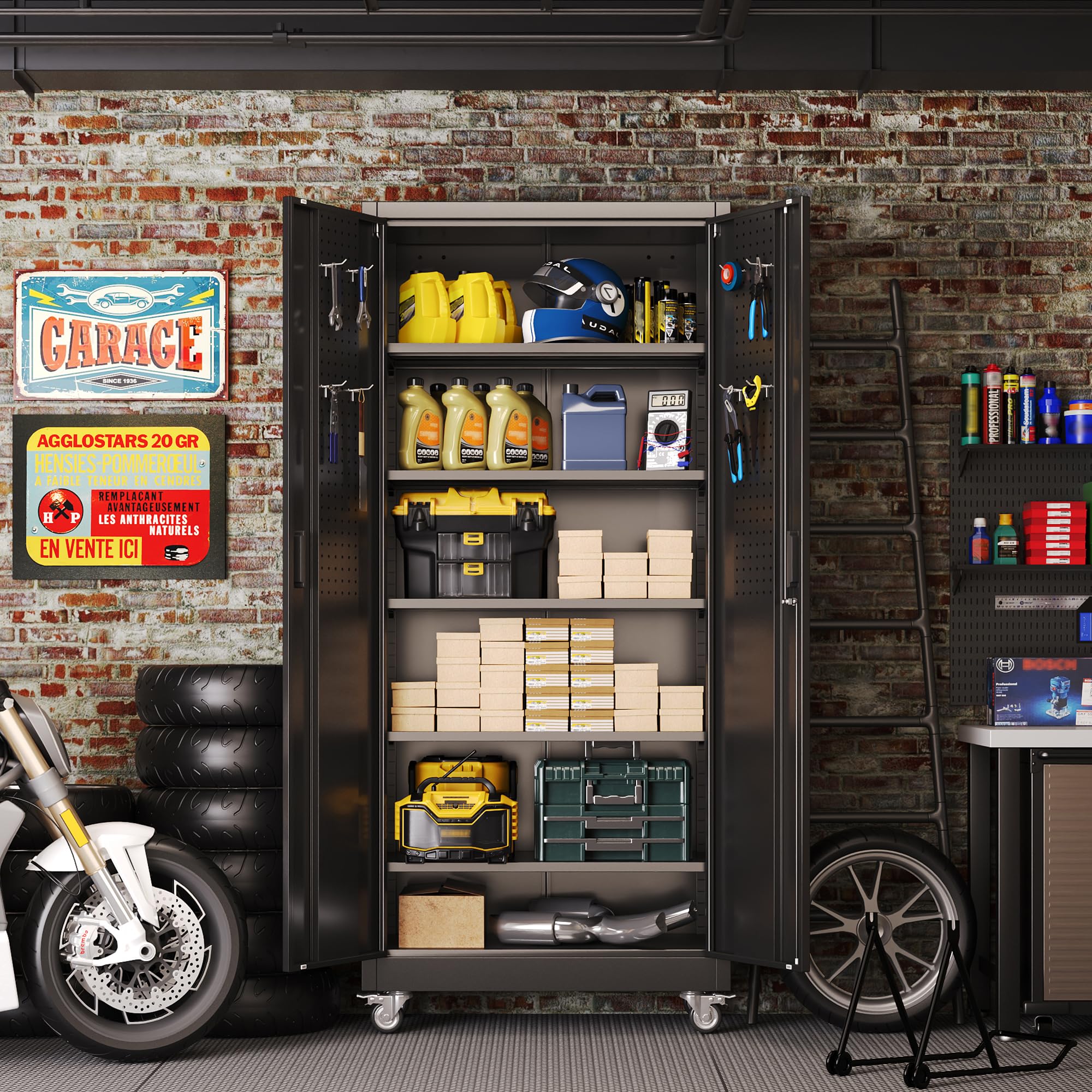 Metallschrank mit Pegboard 180 x 80 x 40 cm abschließbar 5 verstellbare Trennwände 4 Rollen 250 kg Tragkraft Schwarz