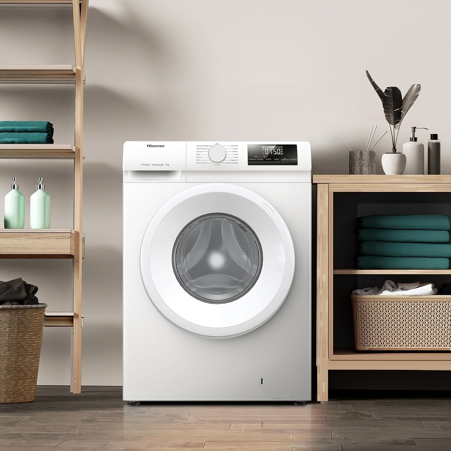 Hisense WFVB7012EM Front Load Washing Machine 7 kg 1200 rpm 15 Programs Steam LED Display Rapid Program Delay Start Child Lock