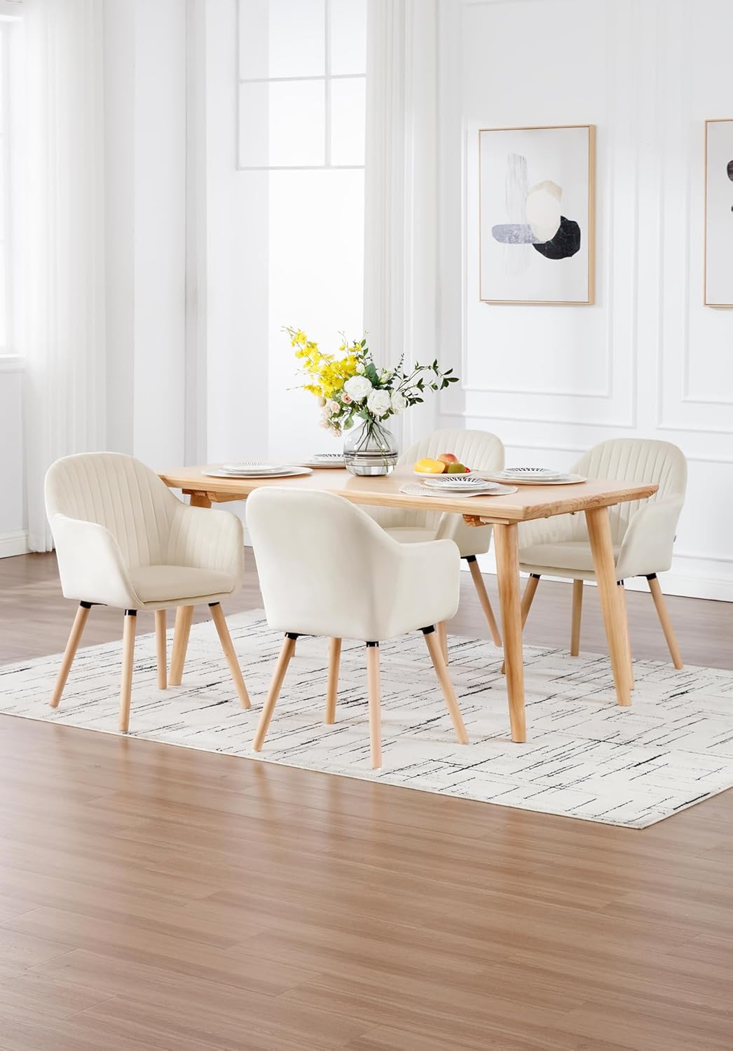 WOLTU Set di 6 Sedie per Sala da Pranzo con Schienale Braccioli Poltrona Imbottita Gambe in Legno Seduta in Tessuto Velluto Crema BH95cm-6