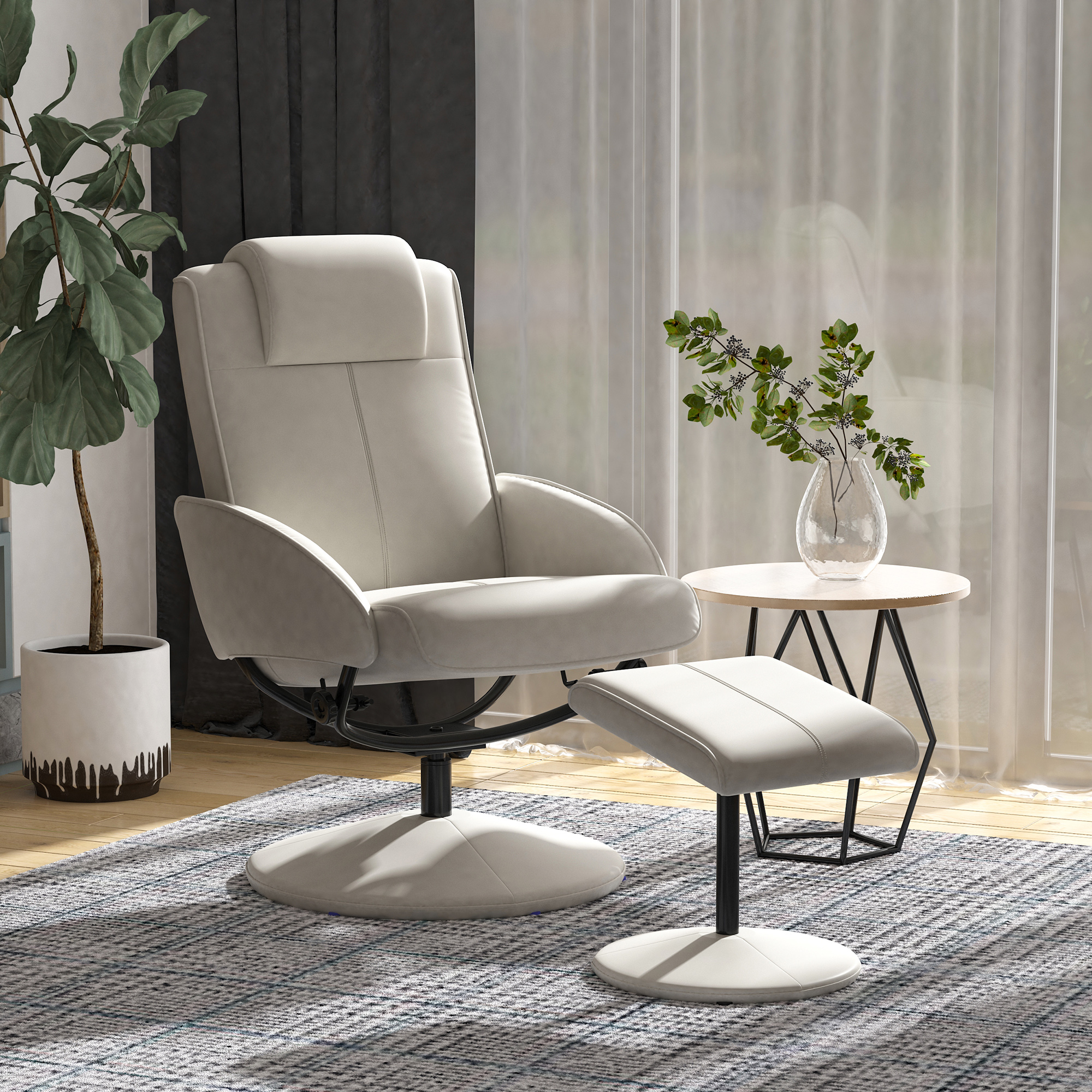 HOMCOM Relaxsessel mit Hocker, 360°drehbarer Fernsehsessel mit Liegefunktion, TV Sessel, Kunstleder, Lesesessel für Wohnzimmer, Schlafzimmer, Grau