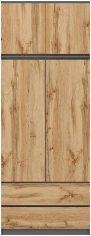 BDW MONIA Wardrobe with 2 Doors 2 Drawers Matt 4 Tier Metal Runners for Bedroom Wardrobe Office (Anthracite/Wotan Oak, 235x90x50)
