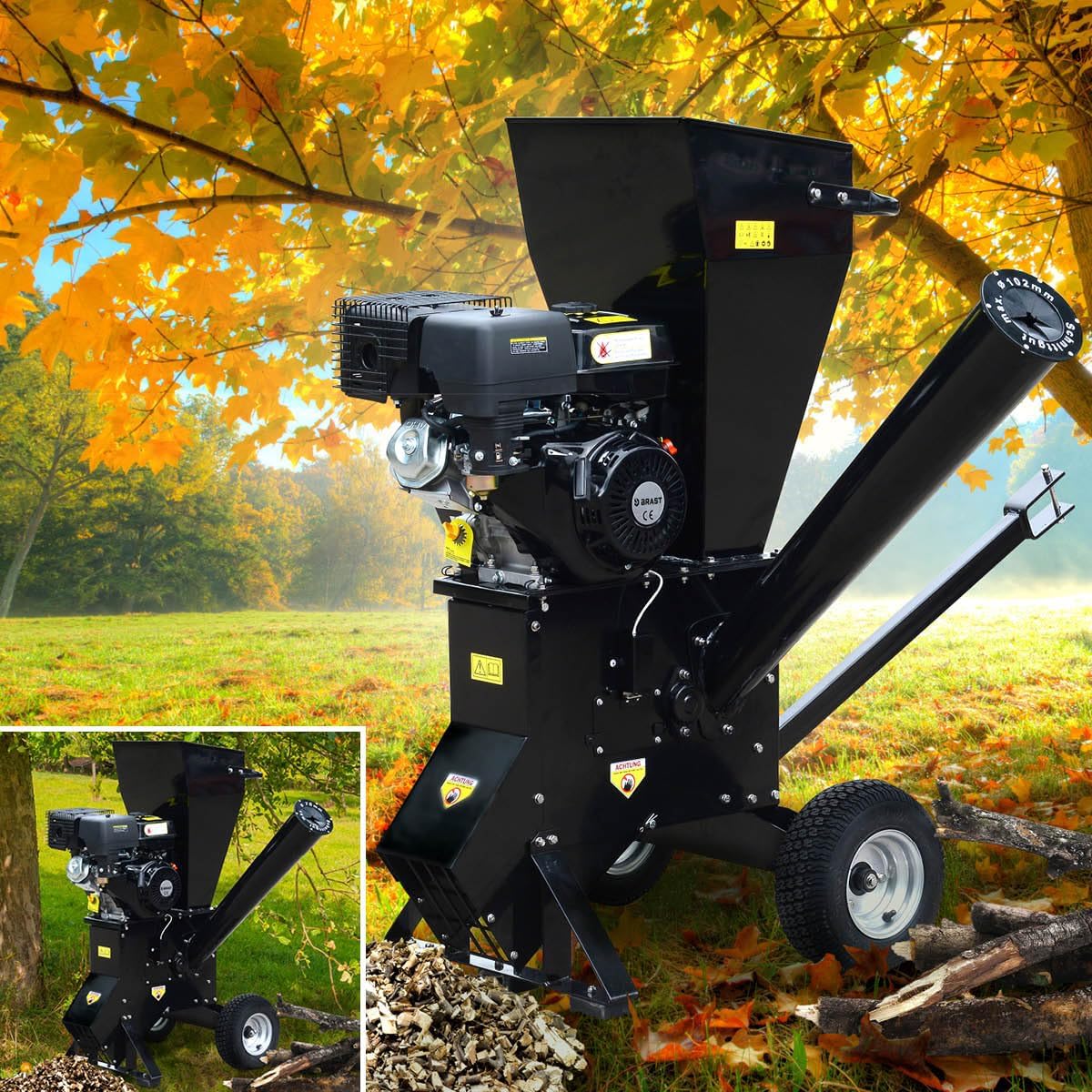 BRAST Häcksler Schredder Gartenhäcksler Benzin, 11kW(15PS), Aststärke bis zu 102mm, 5,2kW(7PS), 2 Messersysteme mit 22 Messer, 2 Modelle, TÜV geprüft