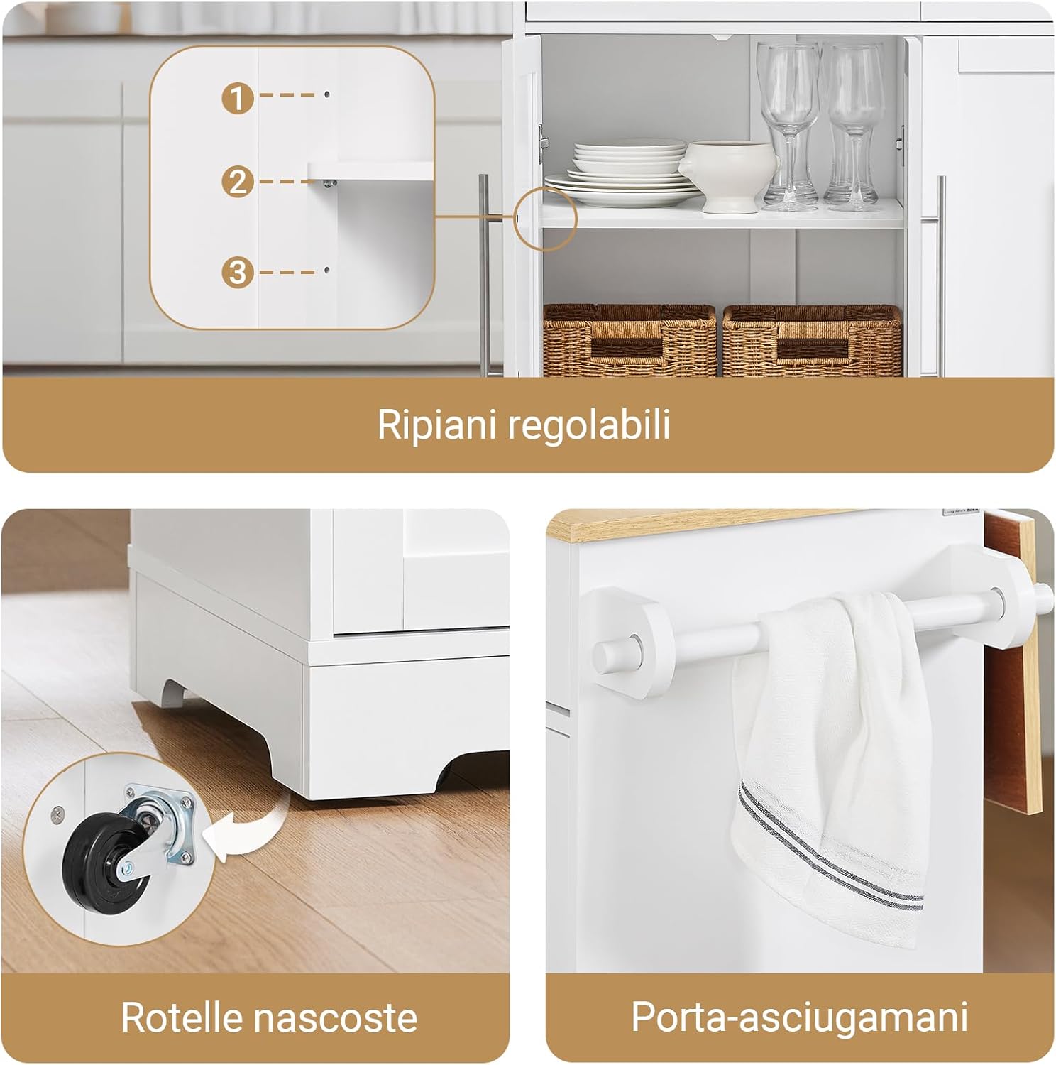 SoBuy Carrello Cucina con Ruote, Isola Cucina con Piano di Lavoro Estensibile in Legno, 2 Cassetti e Ripiani Regolabili Credenza Cucina Salvaspazio Penisola Cucina Bianco 113x(44-69) x91 FKW129-WN