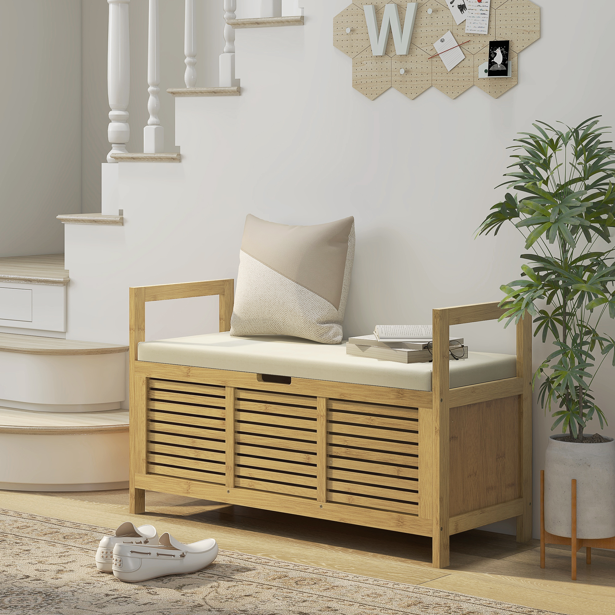 HOMCOM Schuhablage mit Stauraum, Schuhbank, weiche Sitzfläche, Bambus, 100x40x60 cm